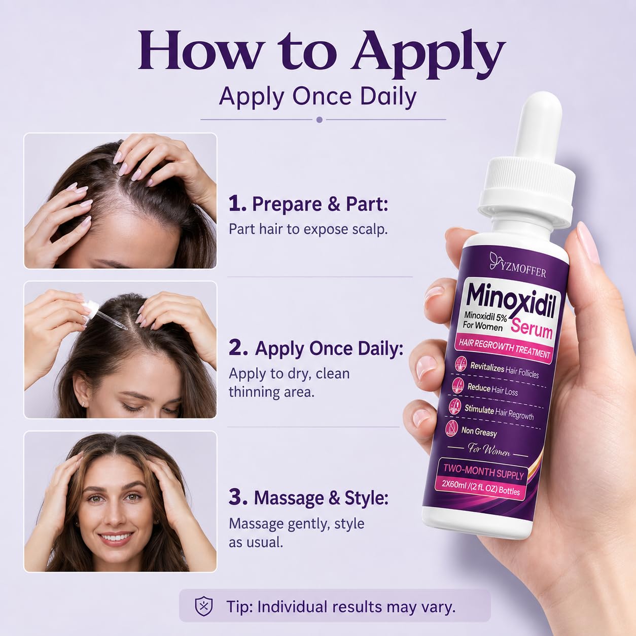 Yzmoffer woman applying serum to thinning part for confidence