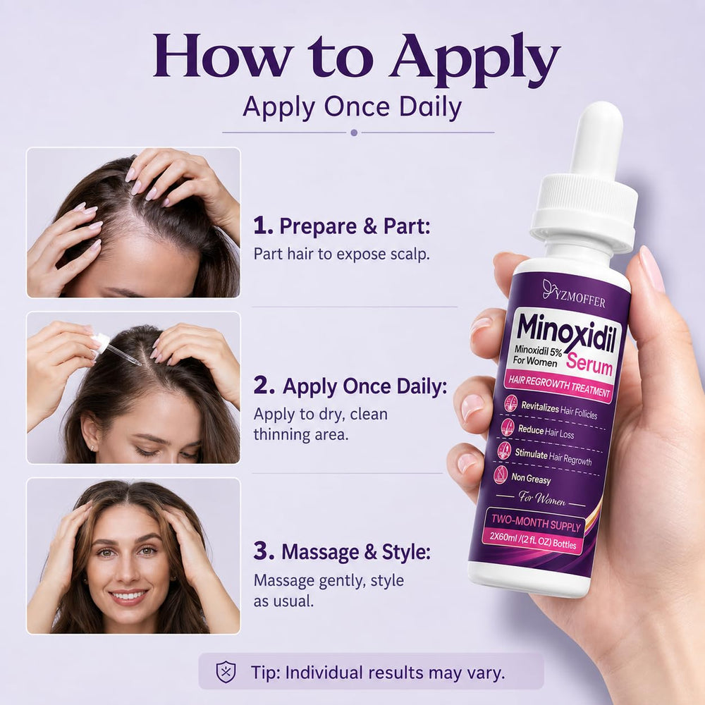 Yzmoffer woman applying serum to thinning part for confidence