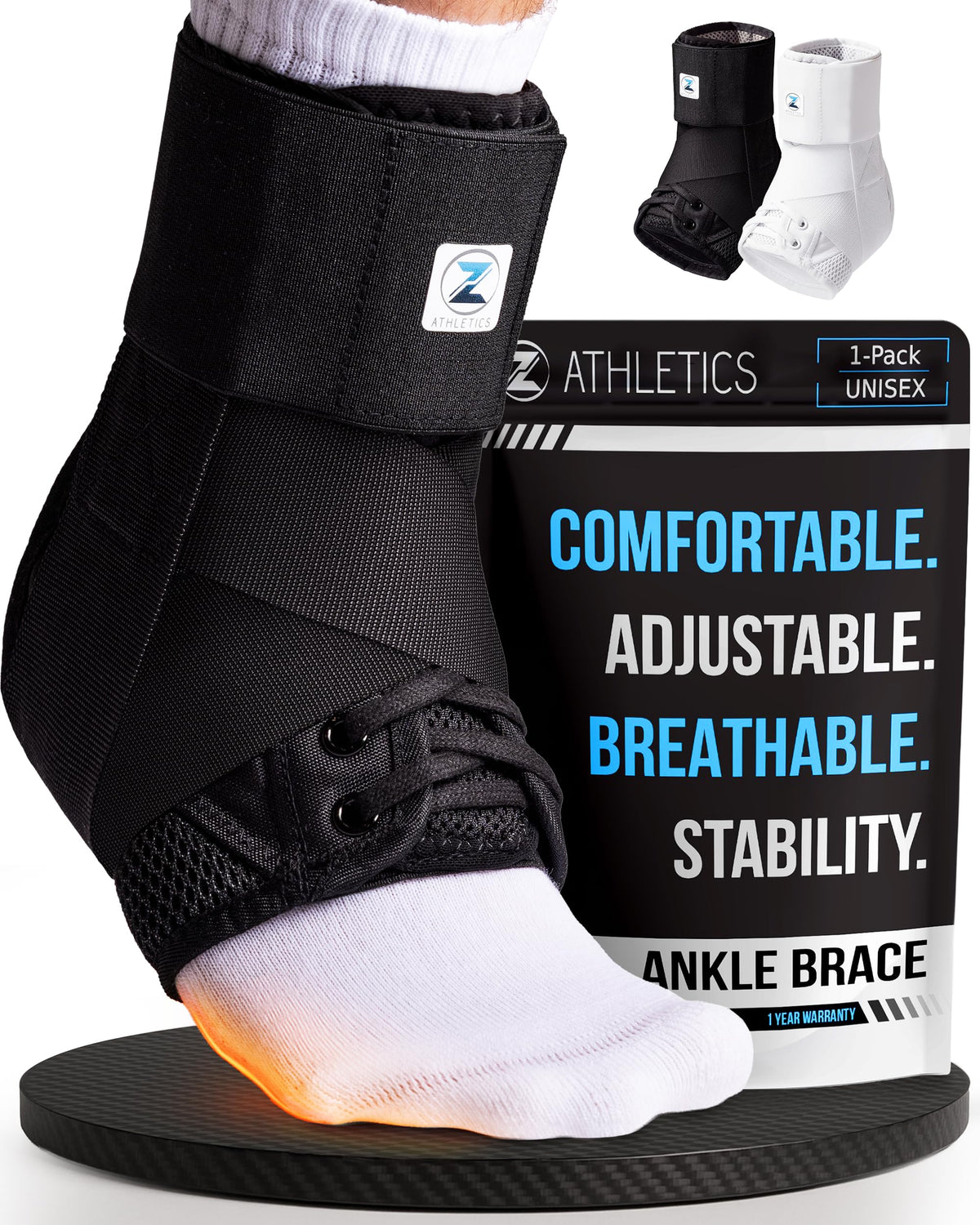z athletics front view brace showing slim profile and secure fit