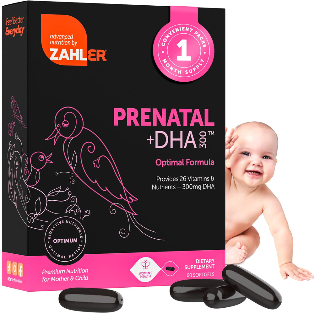 Zahler bottle front packaging showing prenatal plus dha benefits