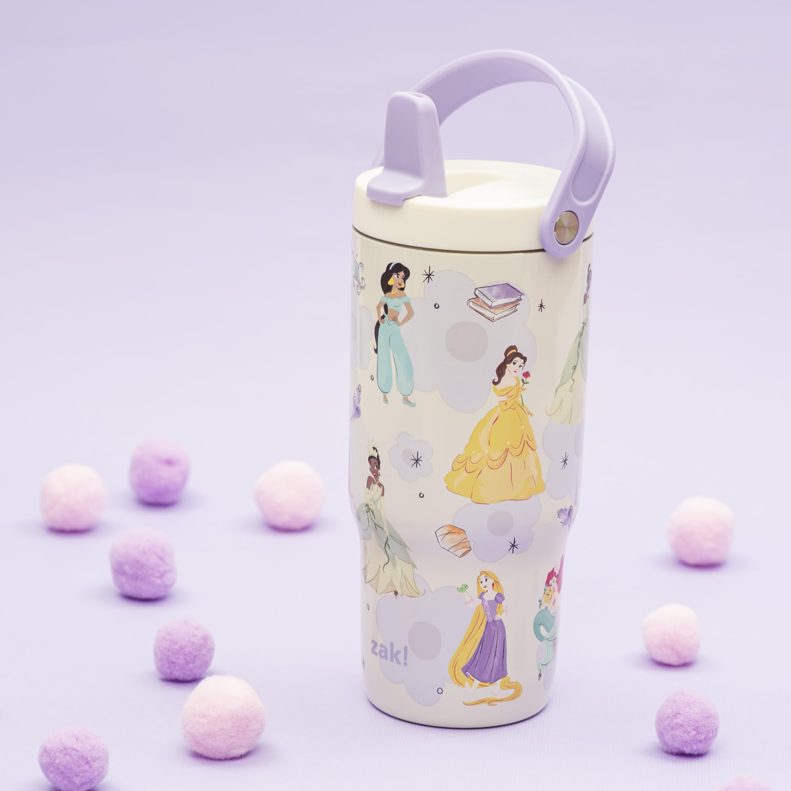 Zak Designs Disney Princess lid closeup showing leak‑resistant valve and secure fit