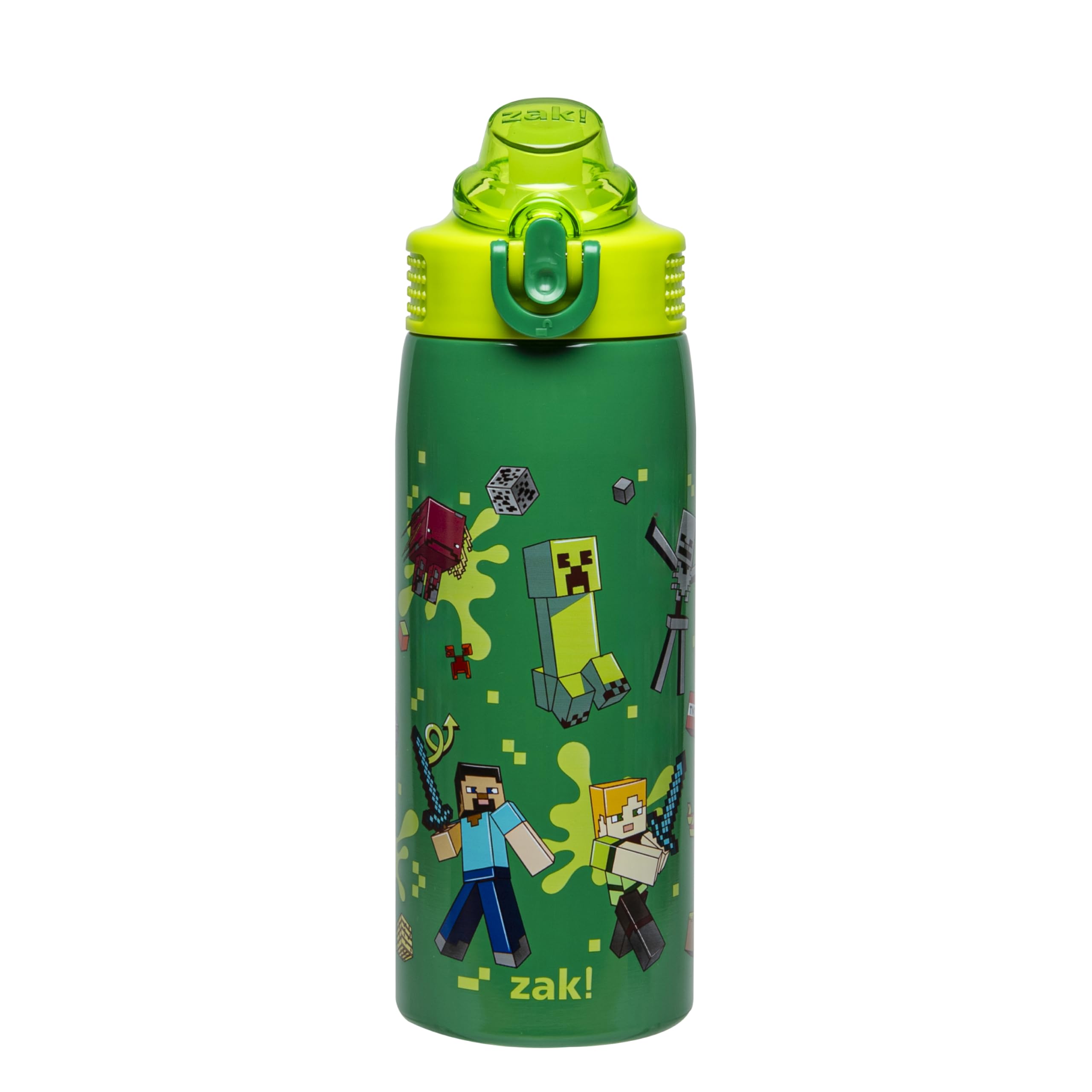 Zak Designs front view of bottle showing Minecraft Steve artwork and benefit of kid appeal