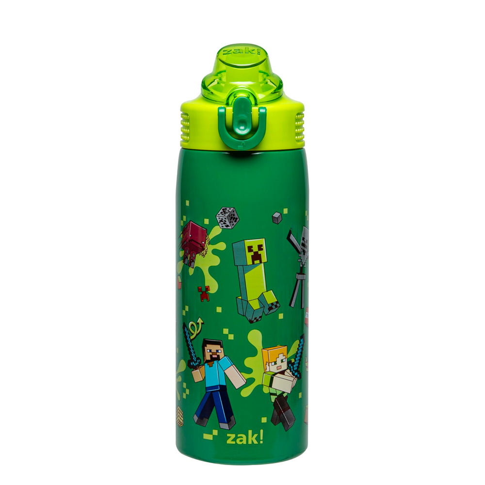 Zak Designs front view of bottle showing Minecraft Steve artwork and benefit of kid appeal