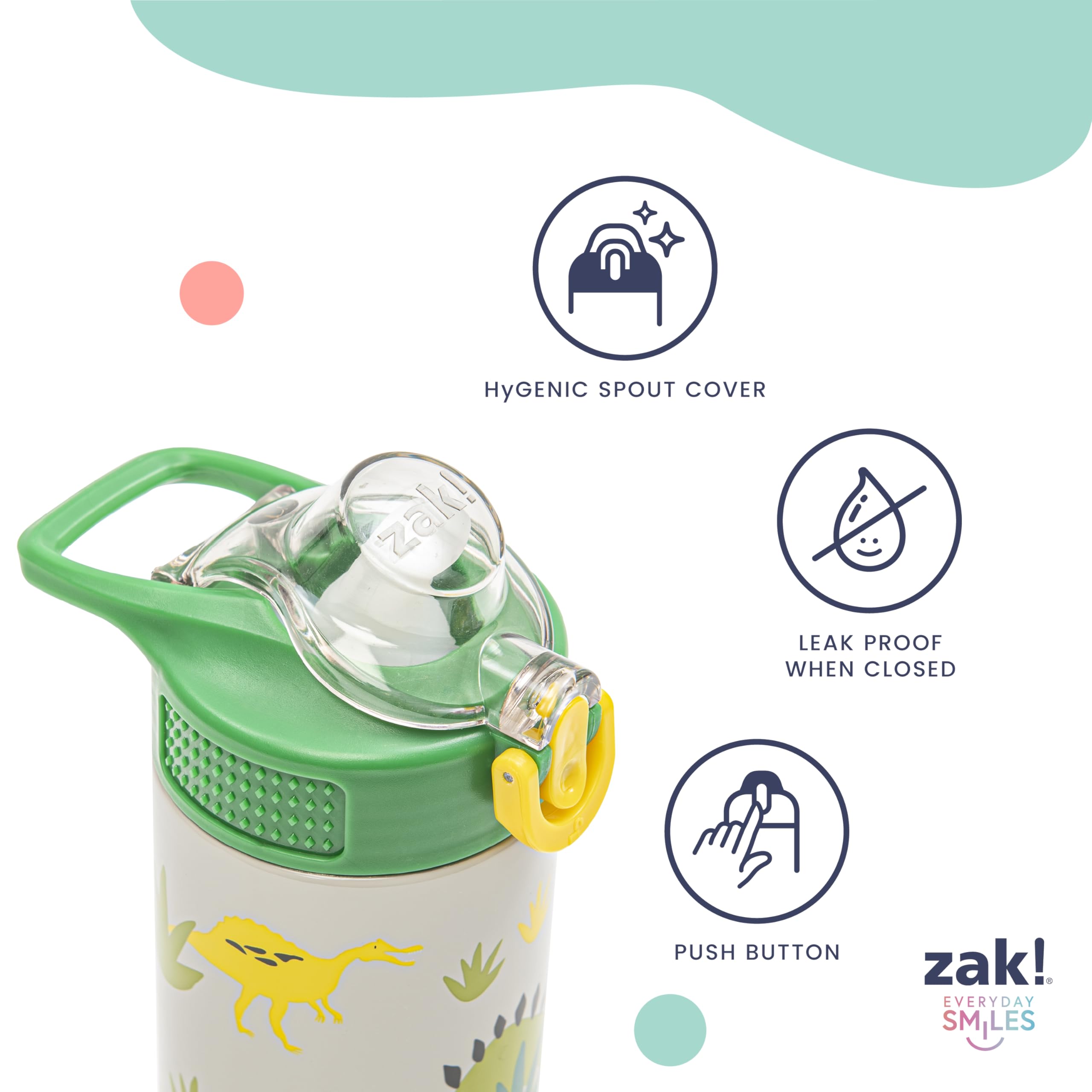 Zak Designs removable straw beside bottle showing easy disassembly and benefit of cleanability