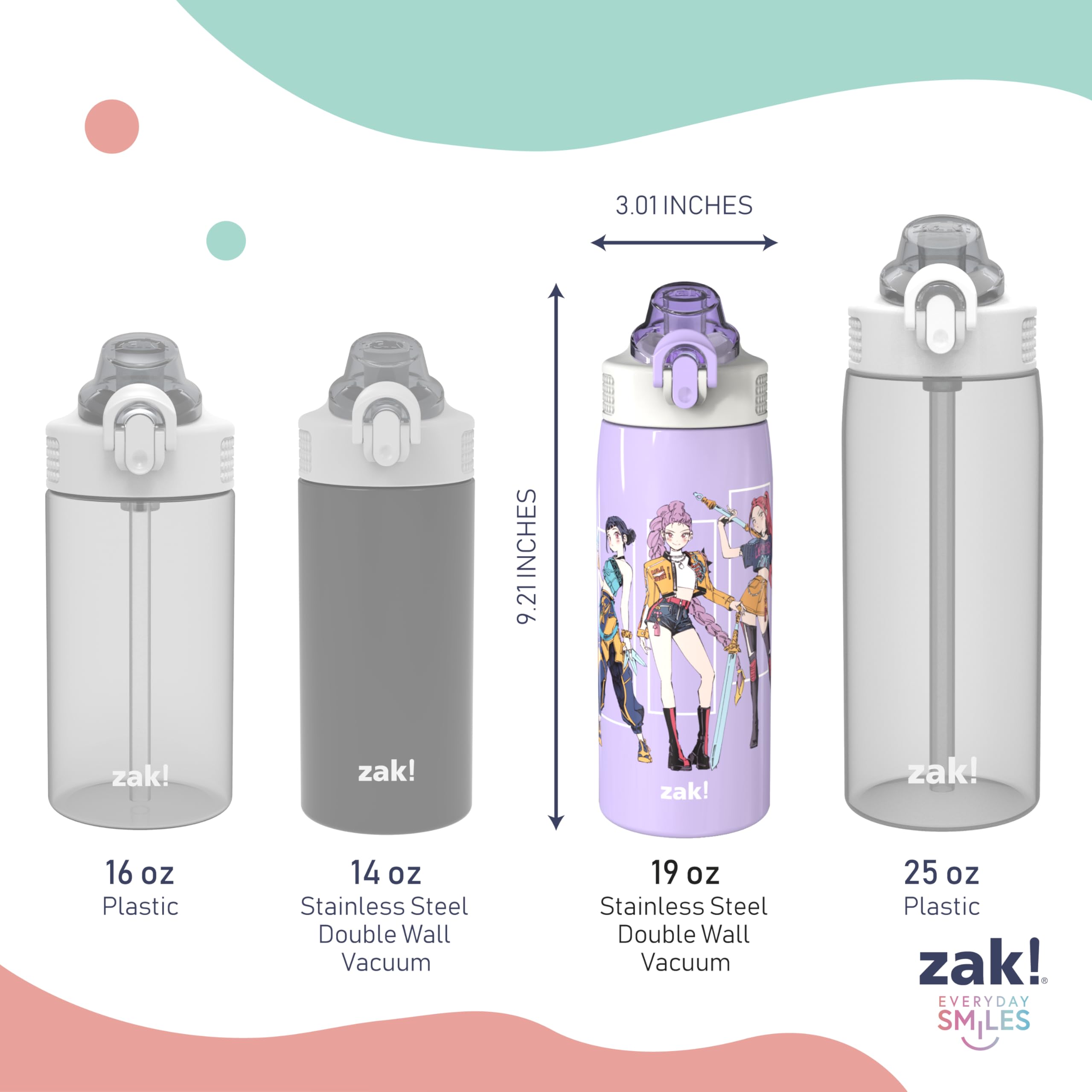 zak designs bottle tucked in a school backpack showing leak-proof travel readiness