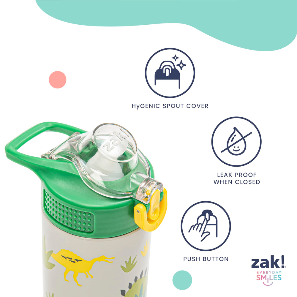 Zak Designs bottle beside a backpack displaying portable size benefit