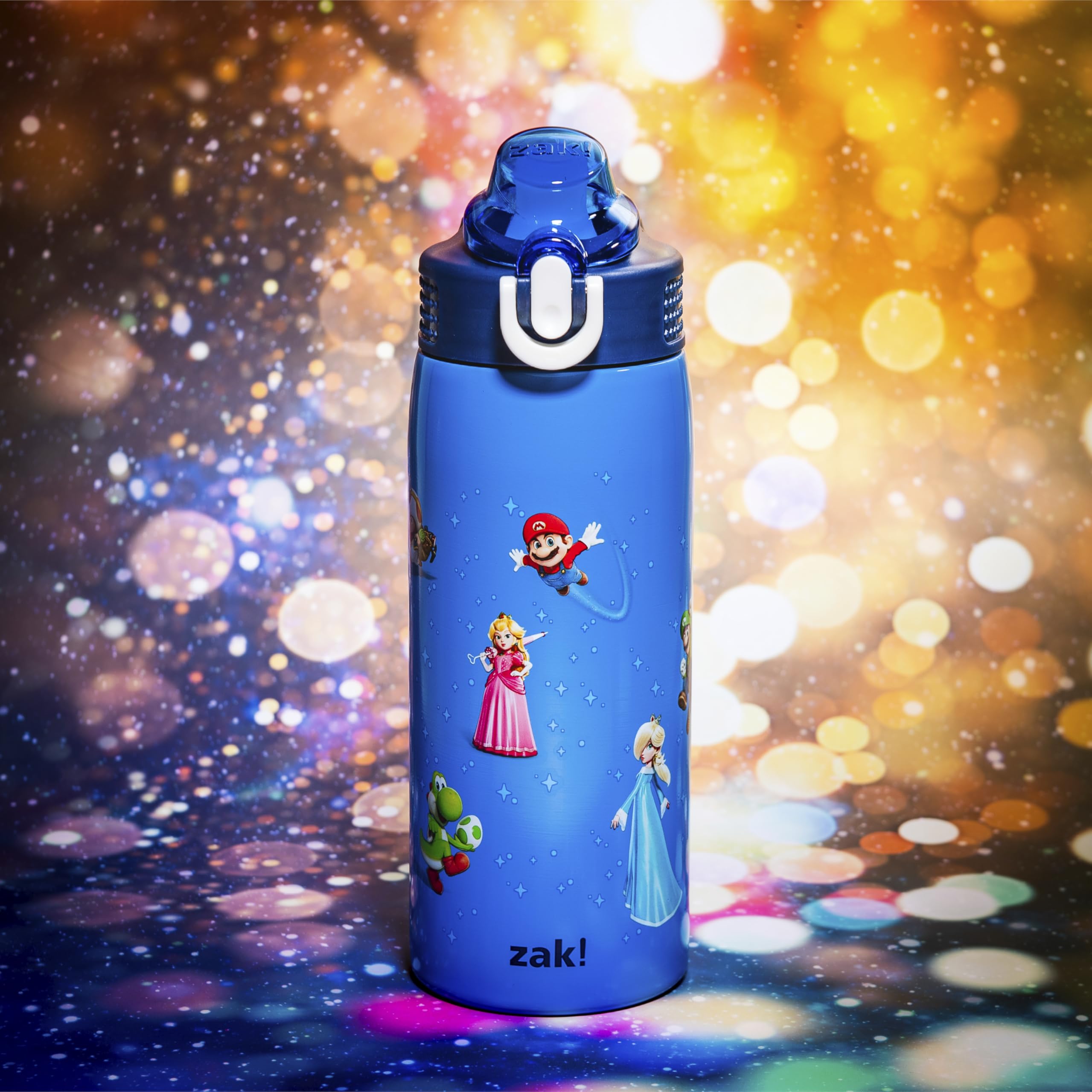 zak designs spout open with push-button demonstrating easy one-handed access