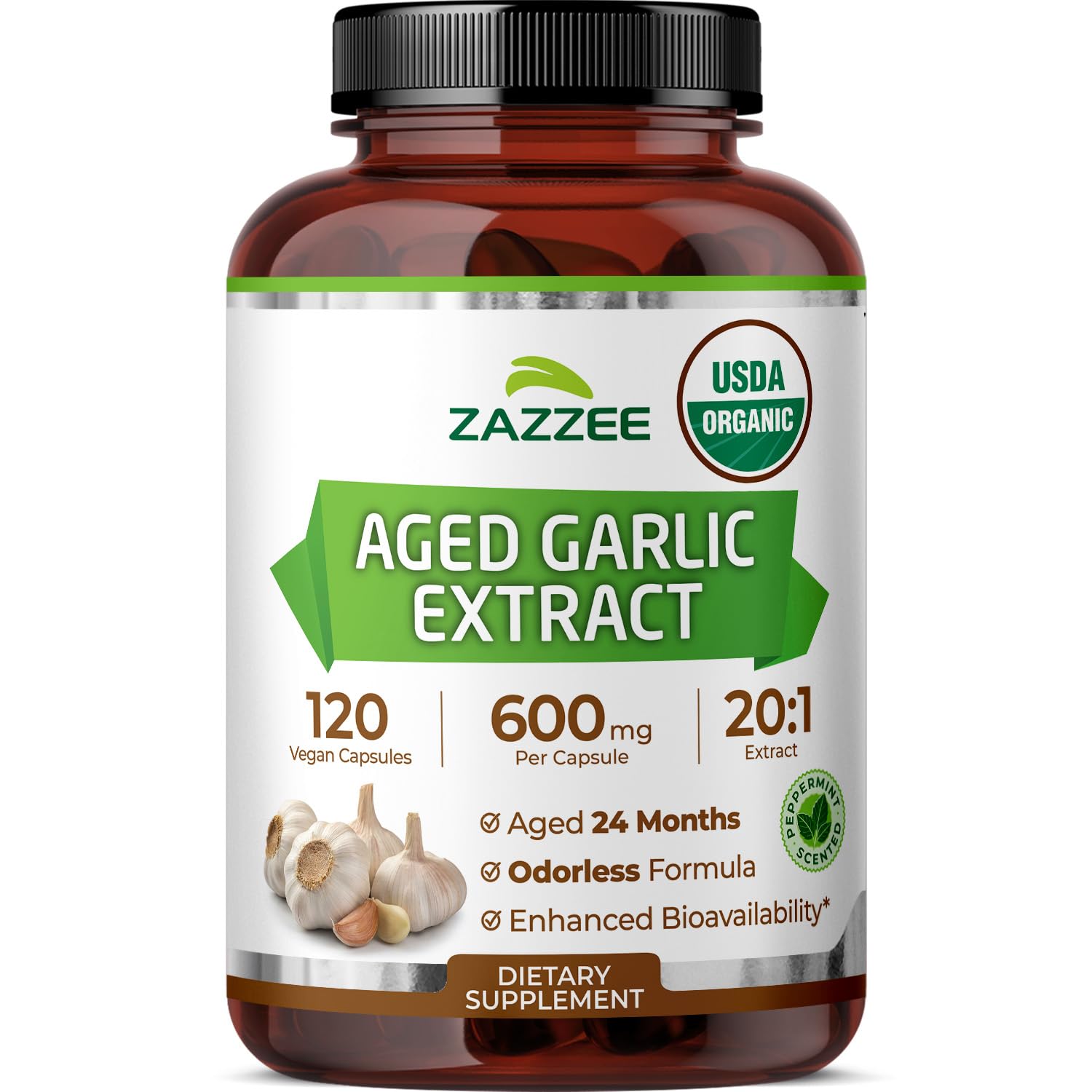 Zazzee front packaging showing bottle and 120 capsules with clear labeling benefit organic