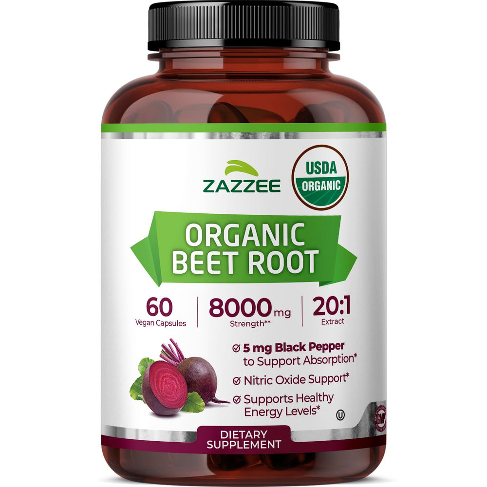 Zazzee bottle front view showing organic beet root extract and quick-release benefits