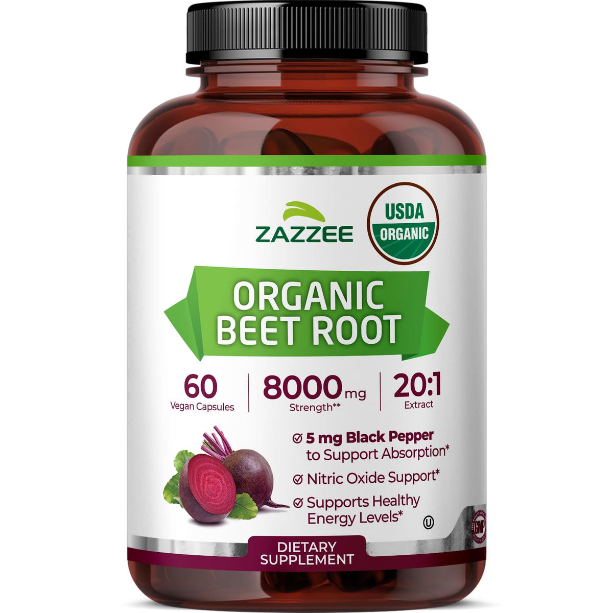 Zazzee bottle front view showing organic beet root extract and quick-release benefits