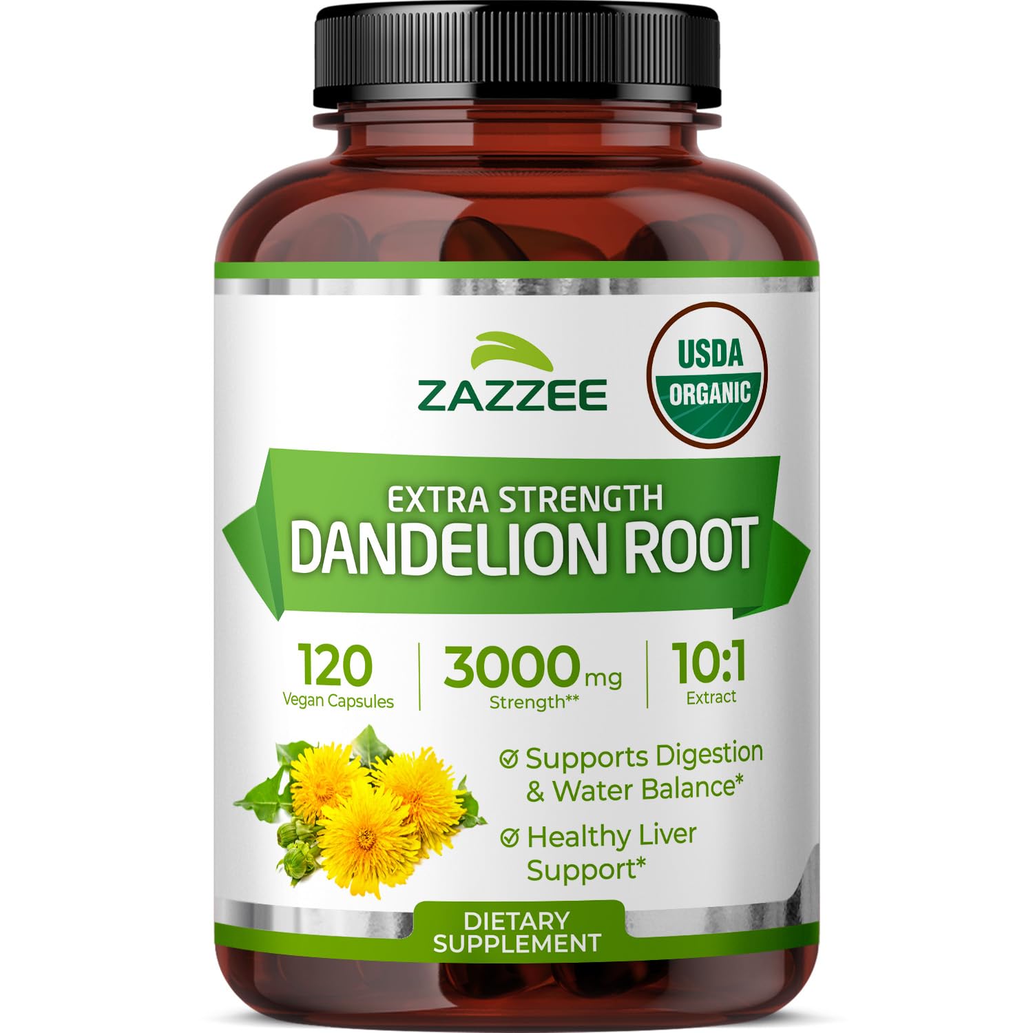 Zazzee bottle front view showing USDA Organic label and capsule count benefit