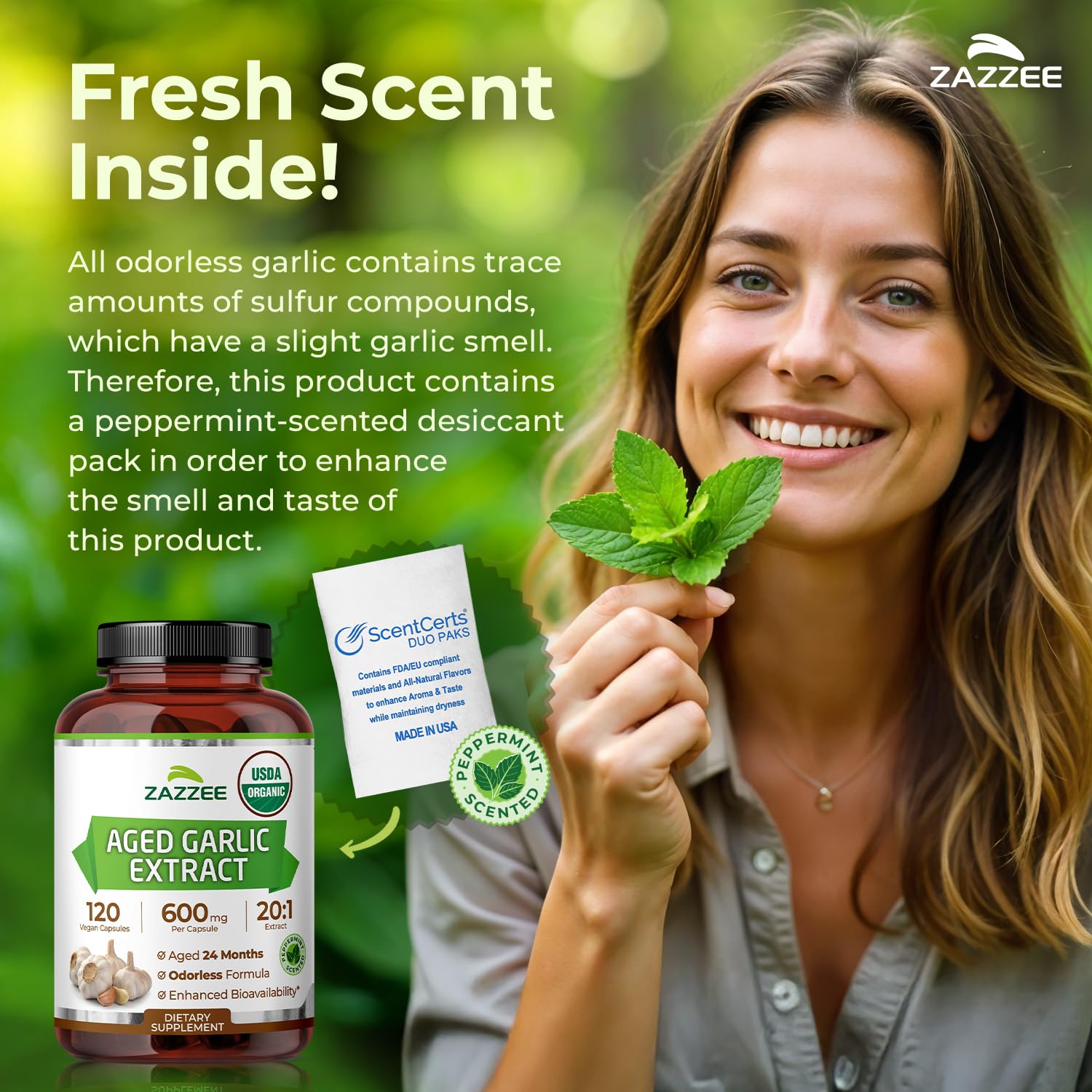 Zazzee peppermint desiccant pack beside bottle indicating fresh aroma benefit