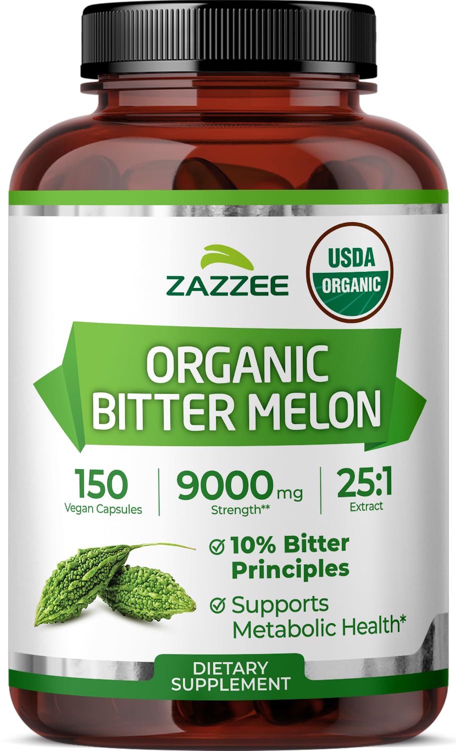 Zazzee front bottle shot showing organic bitter melon extract and long-lasting supply