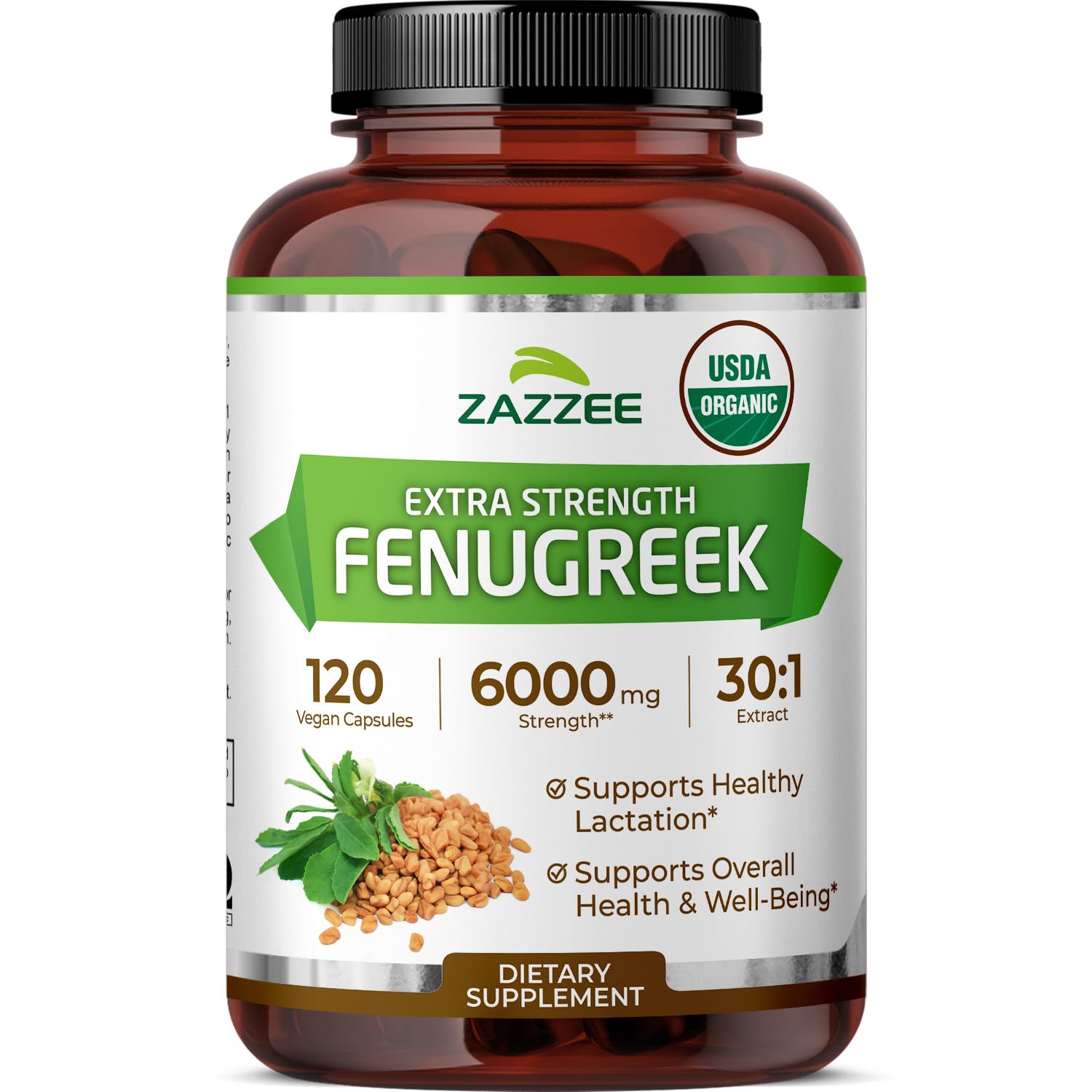 Zazzee bottle front packaging showing fenugreek extract and 120 capsules benefit clear labeling