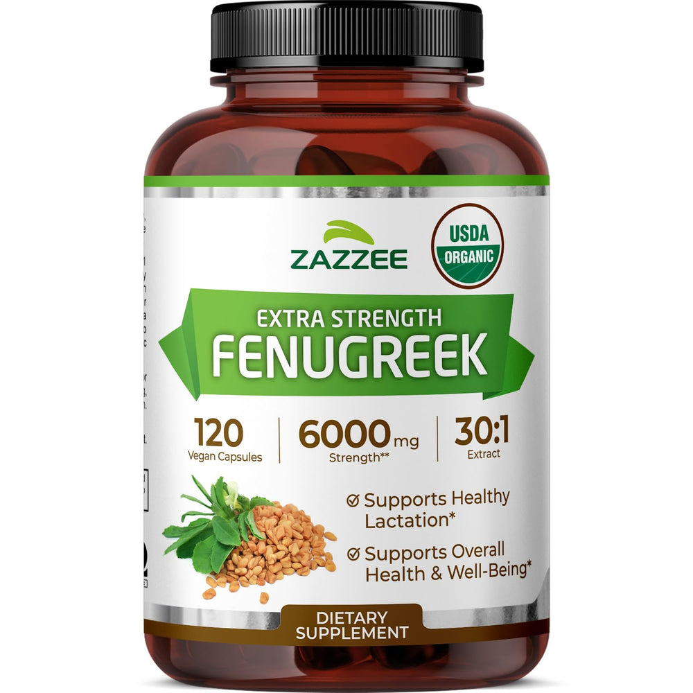 Zazzee bottle front packaging showing fenugreek extract and 120 capsules benefit clear labeling