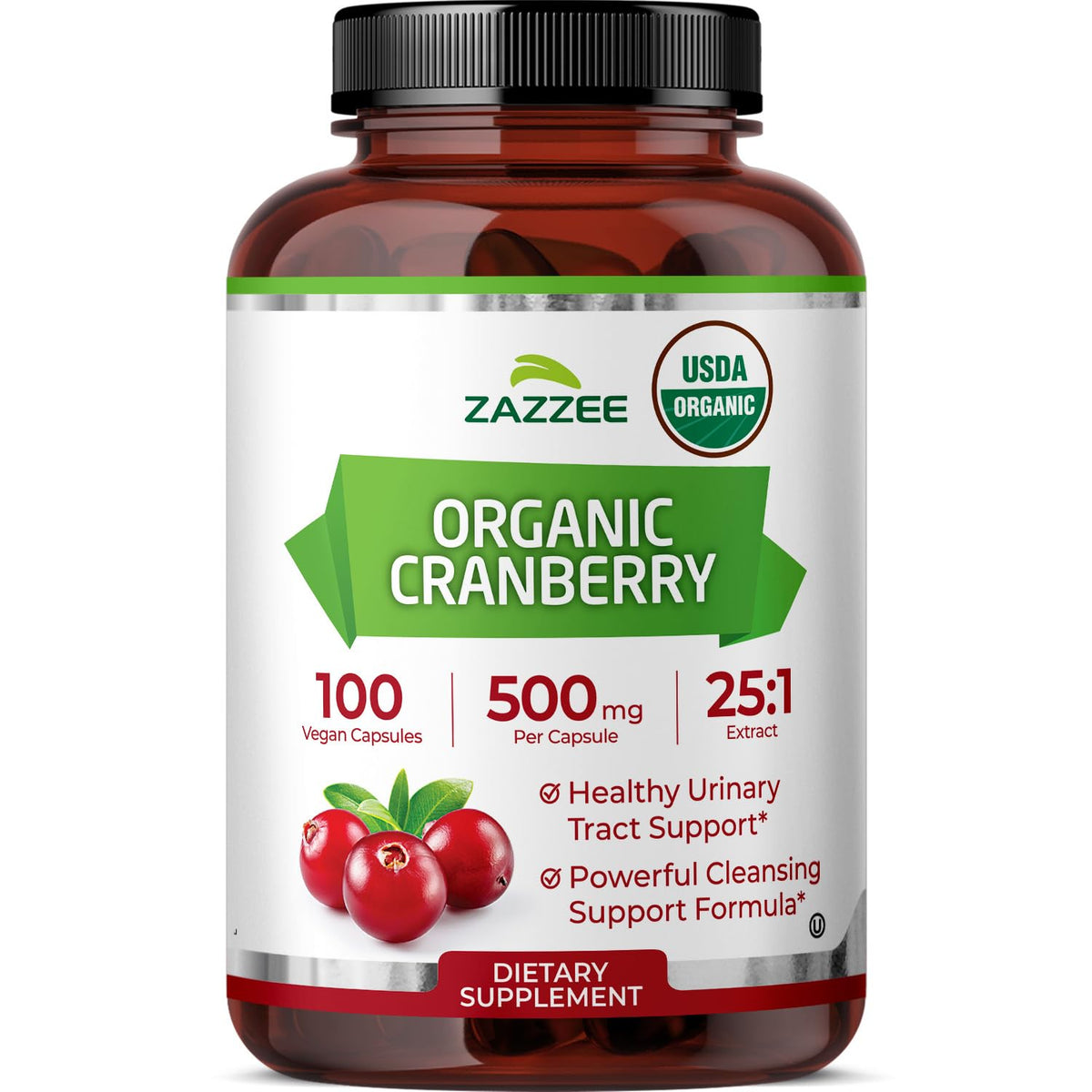 Zazzee front bottle view showing organic cranberry branding and benefits
