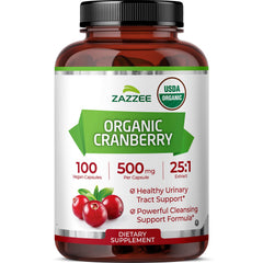 Zazzee front bottle view showing organic cranberry branding and benefits