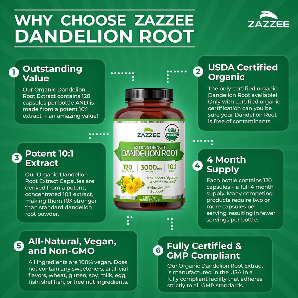 Zazzee raw dandelion root ingredient photo showing organic sourcing and plant origin