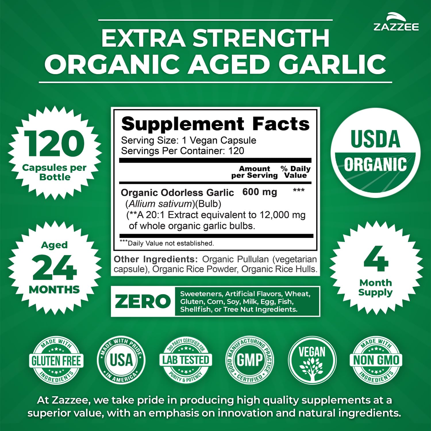 Zazzee product label with USDA Organic and quality seals showing verified sourcing benefit