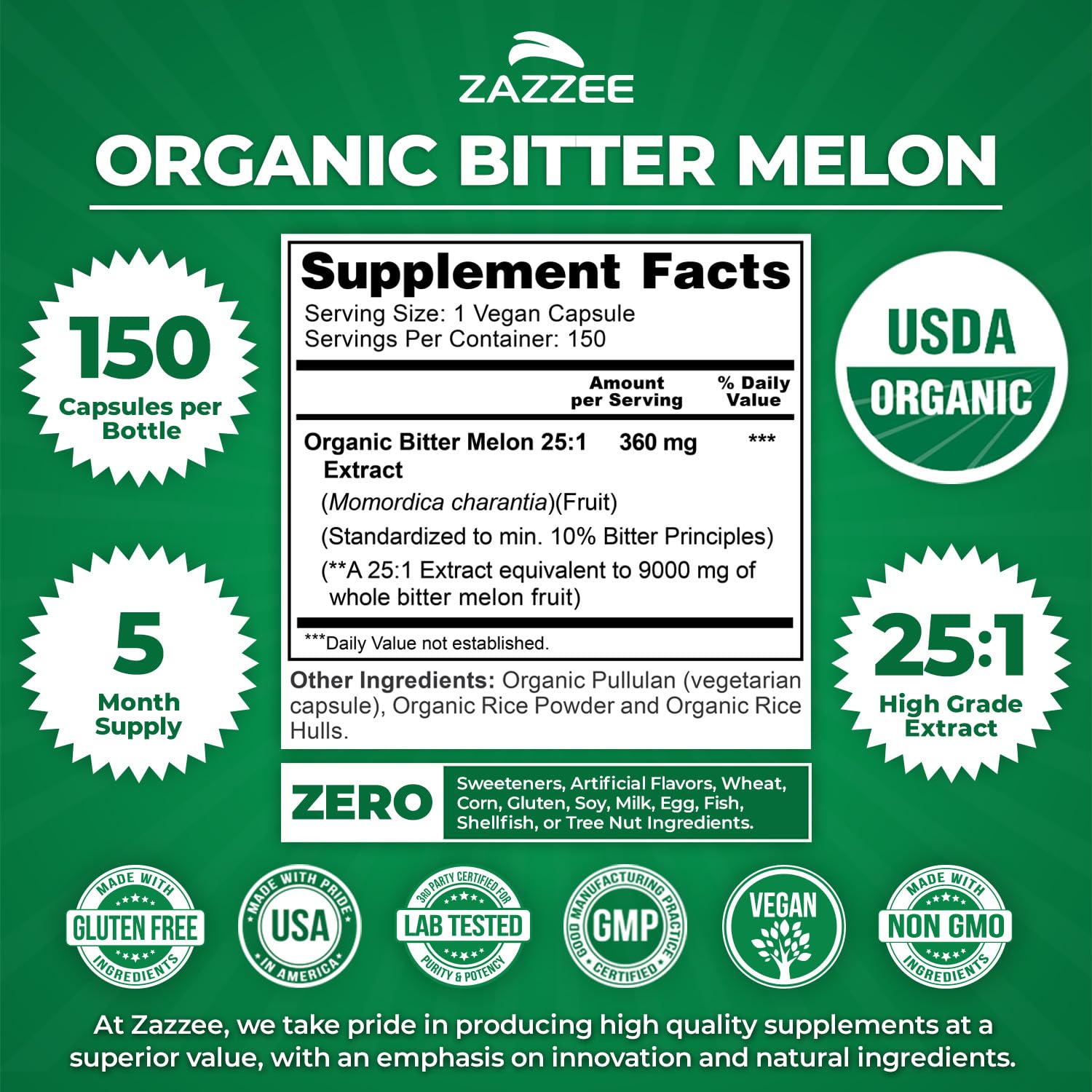 Zazzee label close-up displaying USDA Organic badge and ingredient transparency