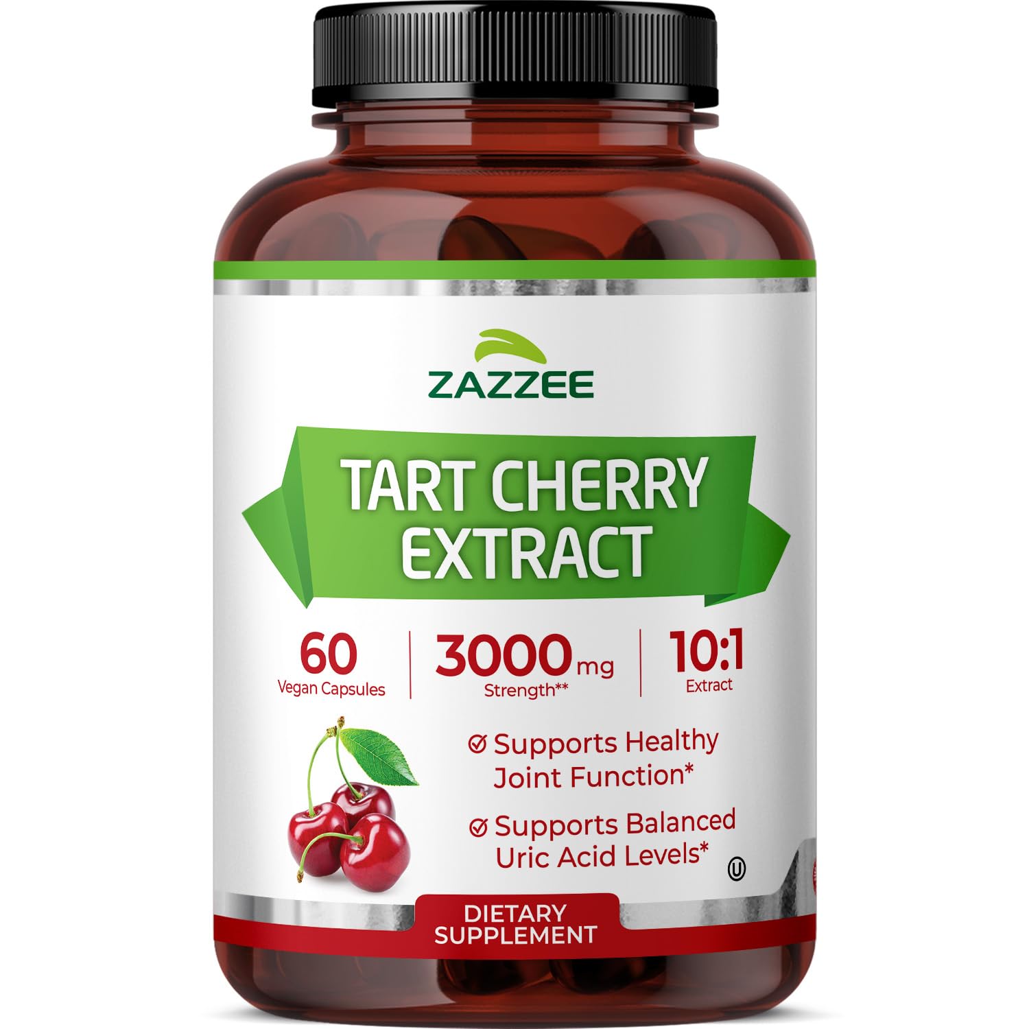 Zazzee bottle front view showing tart cherry extract and two-month supply benefit