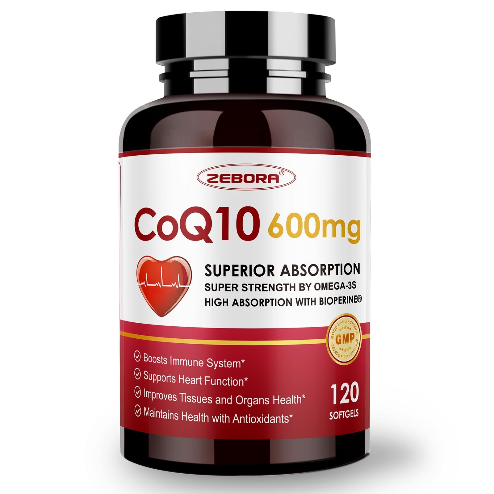ZEBORA front packaging showing 600mg CoQ10 and 120 count for clear strength benefit