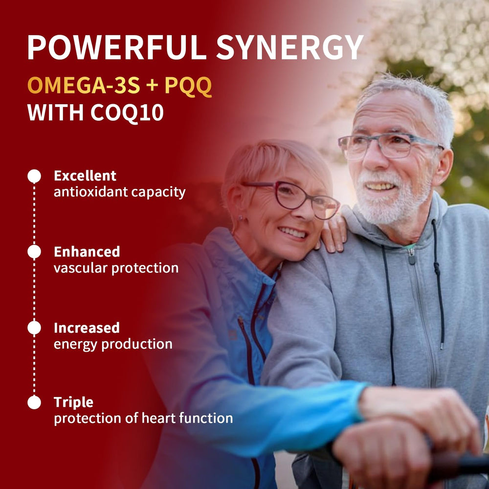 ZEBORA ingredient visuals with omega-3 and PQQ icons showing combined nutrient benefit