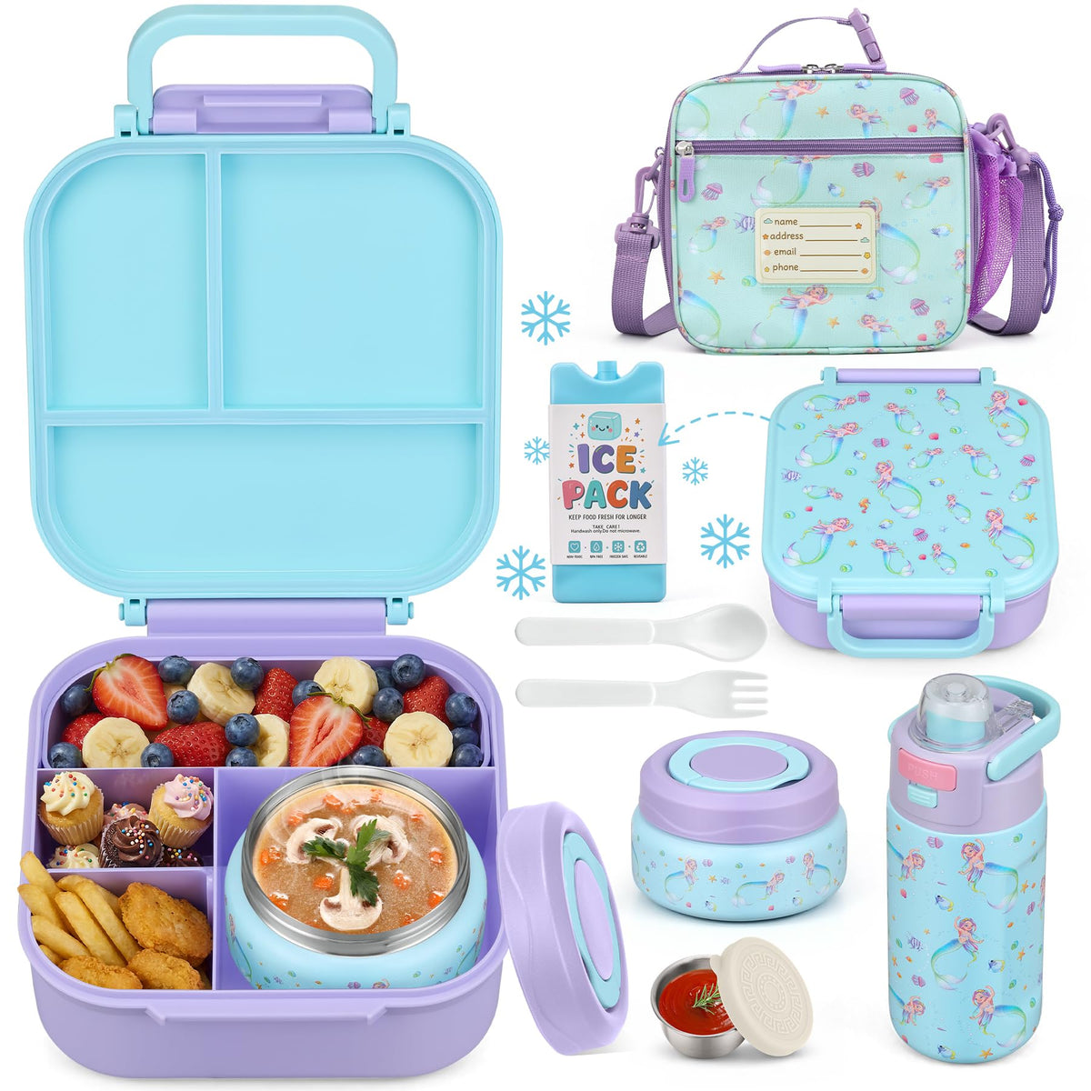 Zeekala front view of bento box showing leak-proof design and playful mermaid print