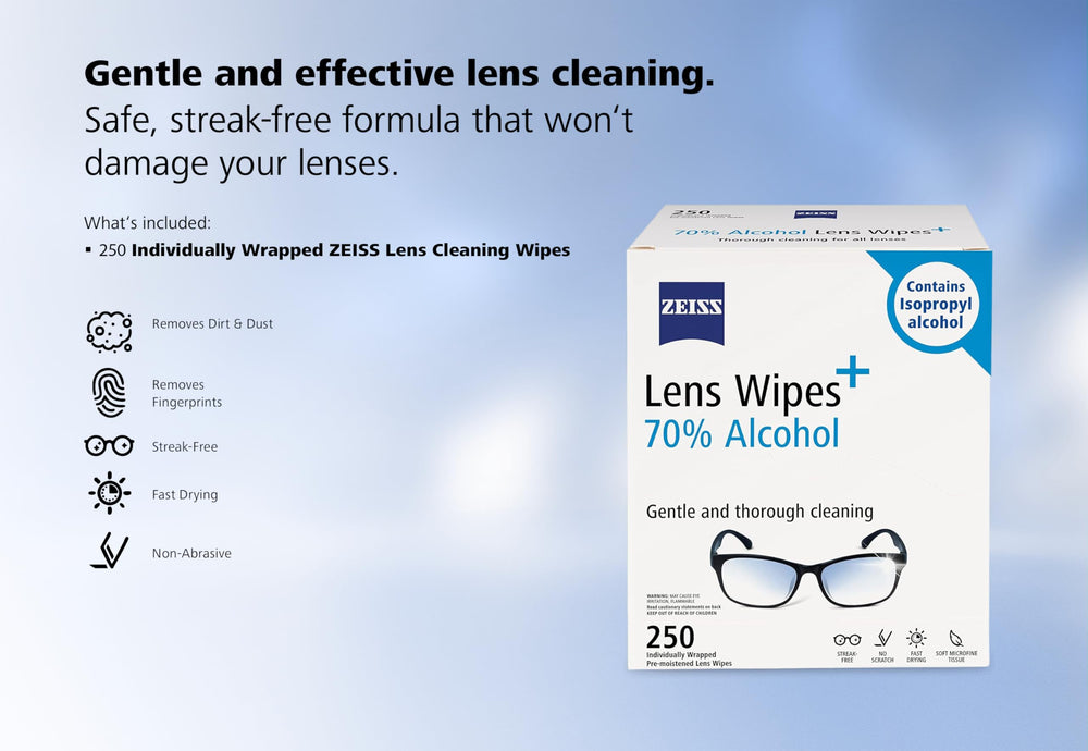 ZEISS wipes in travel pouch conveying portability and on-the-go lens care