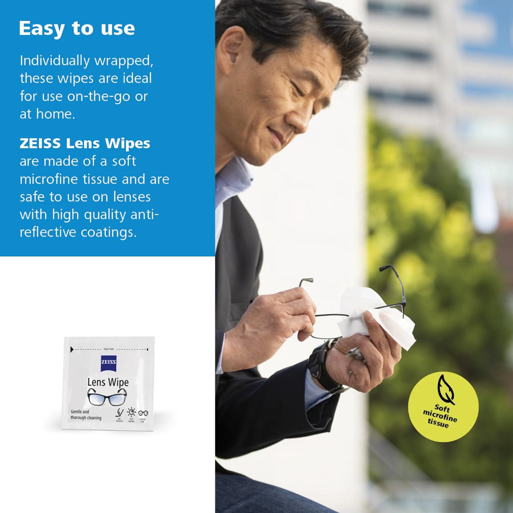 ZEISS wipe held in hand for scale showing portability and convenience