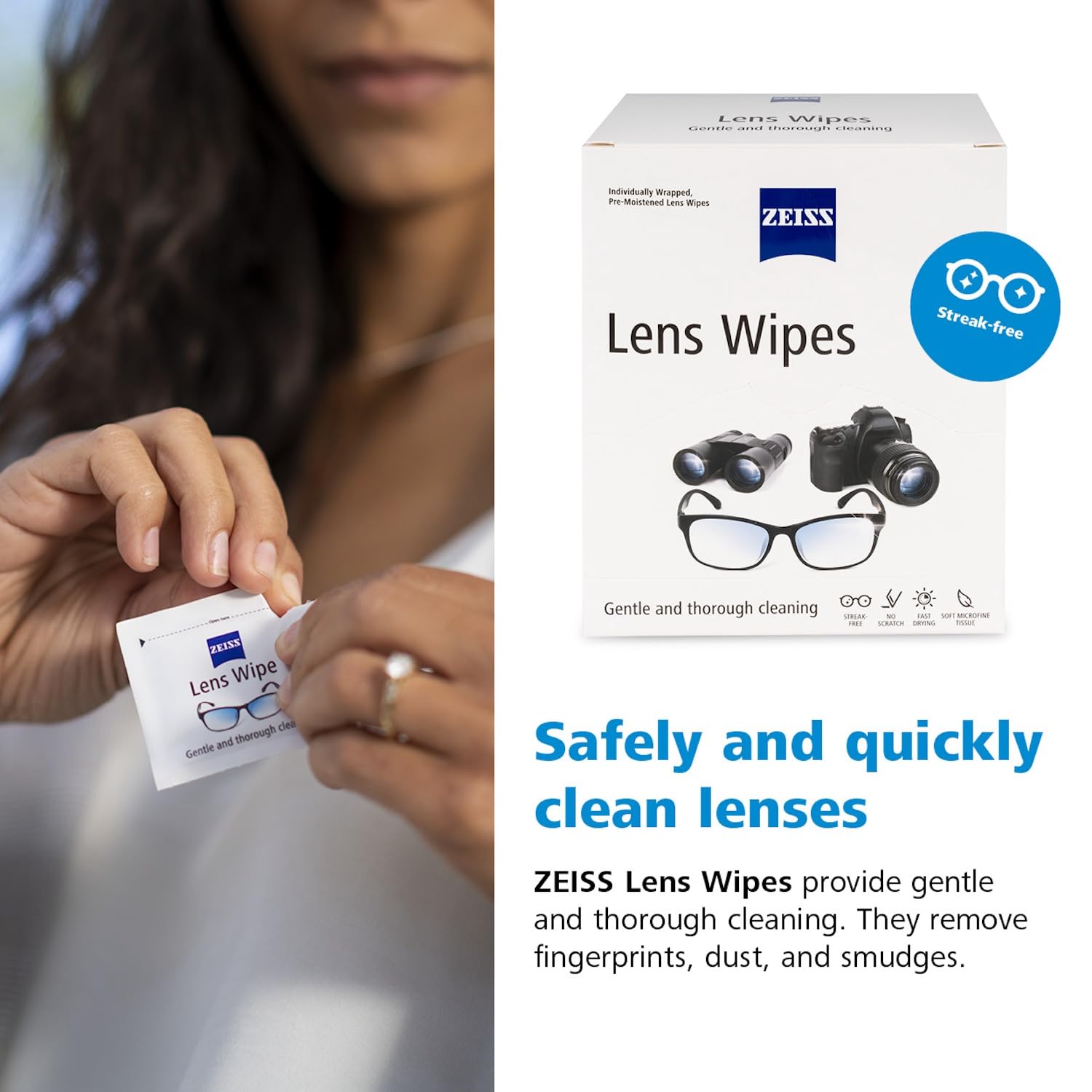 ZEISS wipe cleaning sunglasses providing streak-free visible benefit