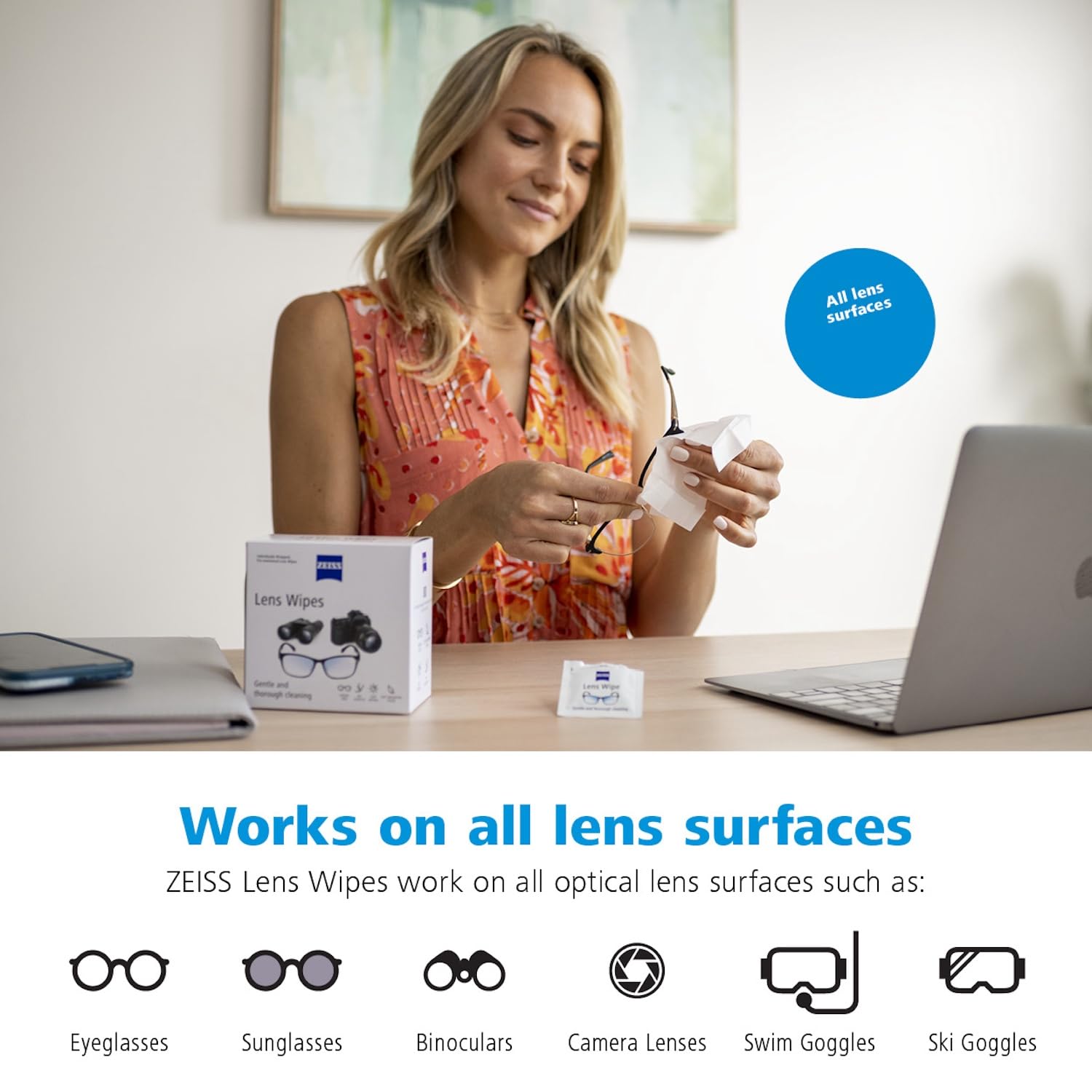 ZEISS wipe used on prescription glasses preserving coatings and clarity