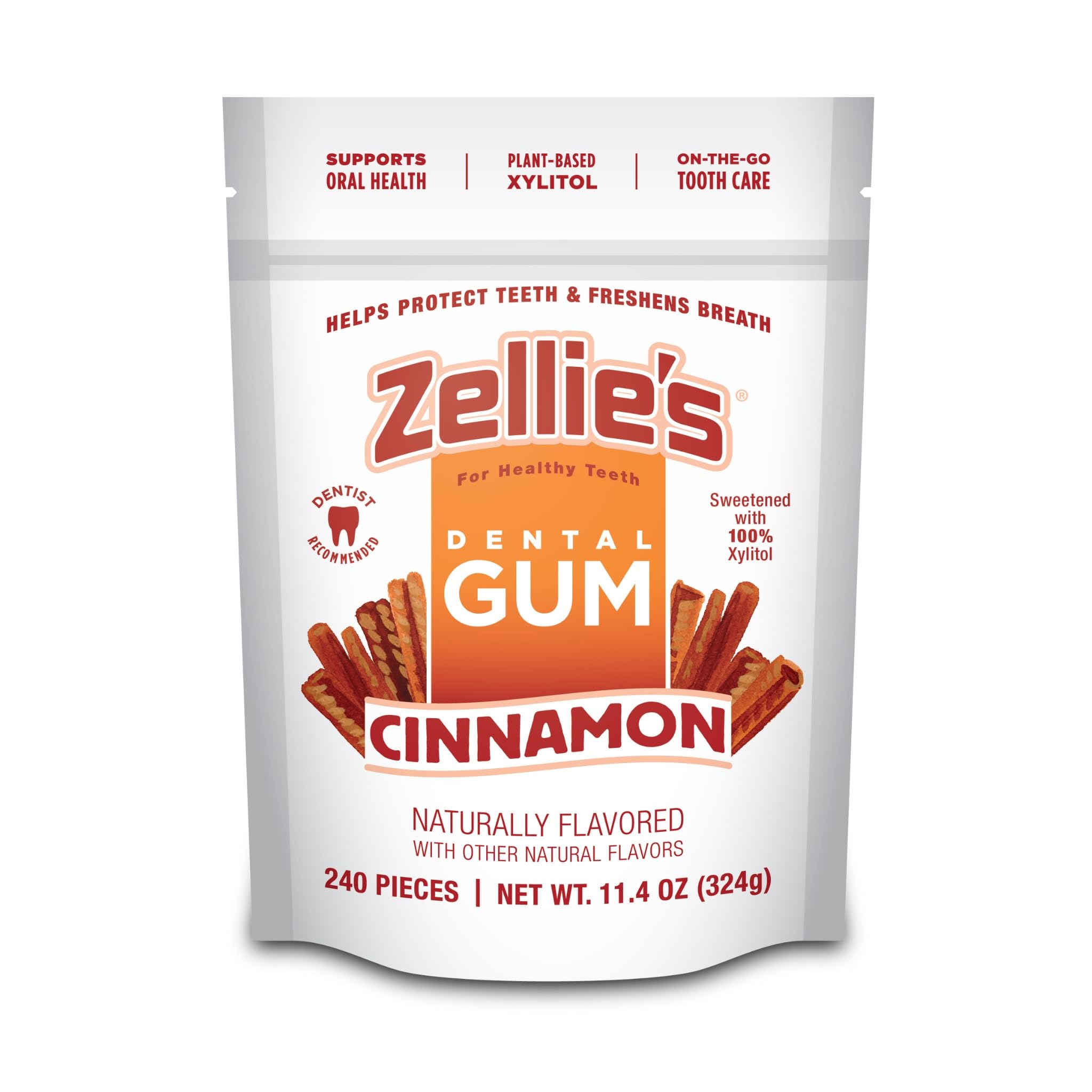 Zellie's front packaging showing cinnamon gum and pack benefits