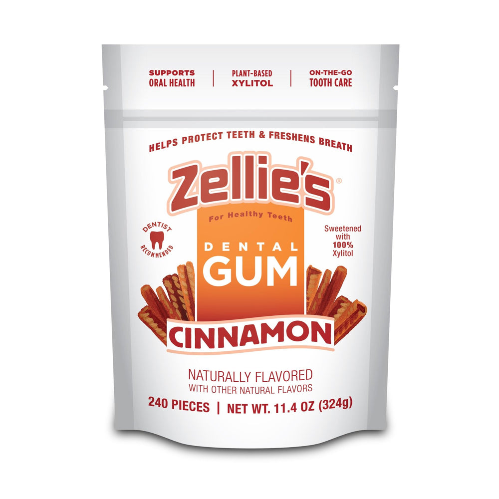 Zellie's front packaging showing cinnamon gum and pack benefits