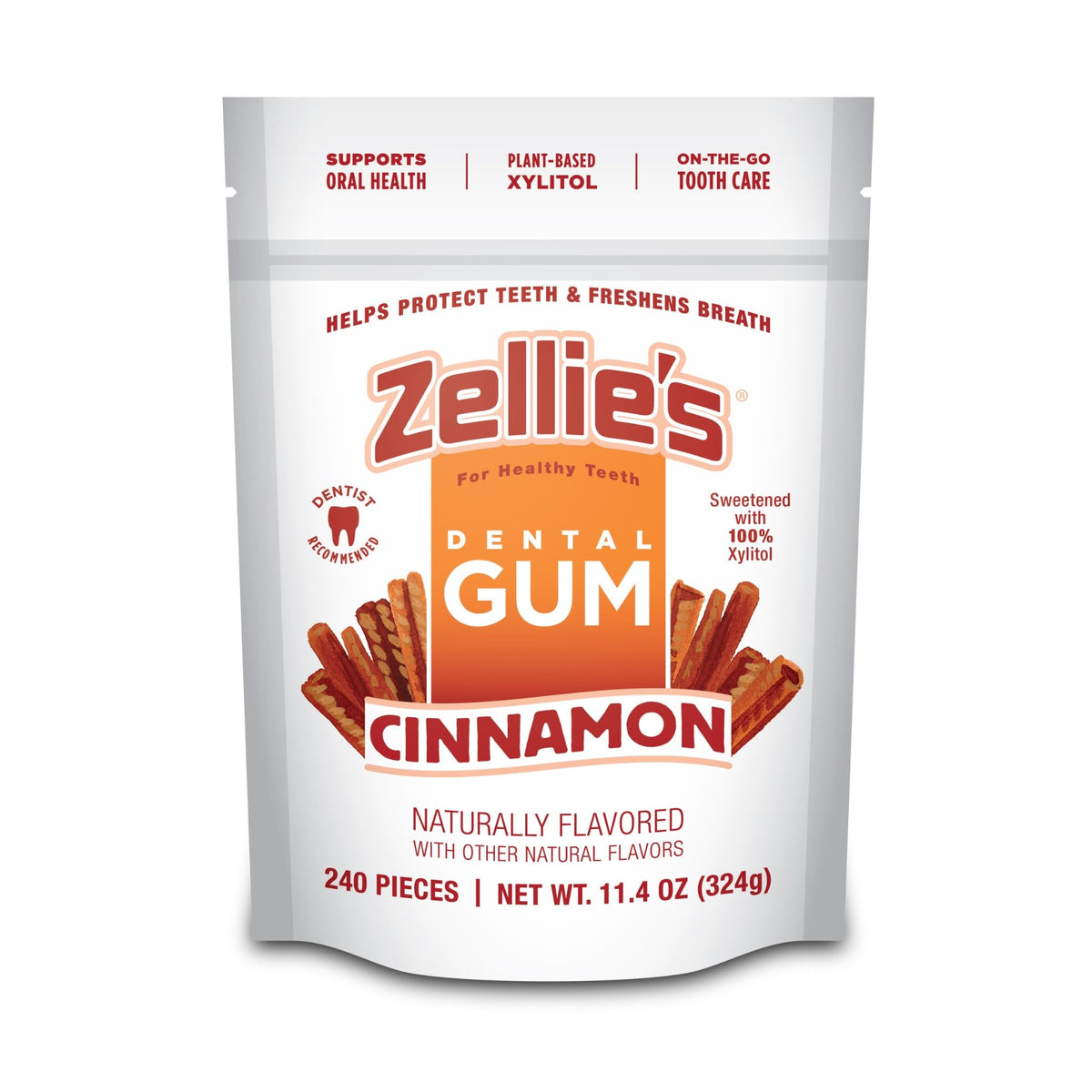 Zellie's front packaging showing cinnamon gum and pack benefits