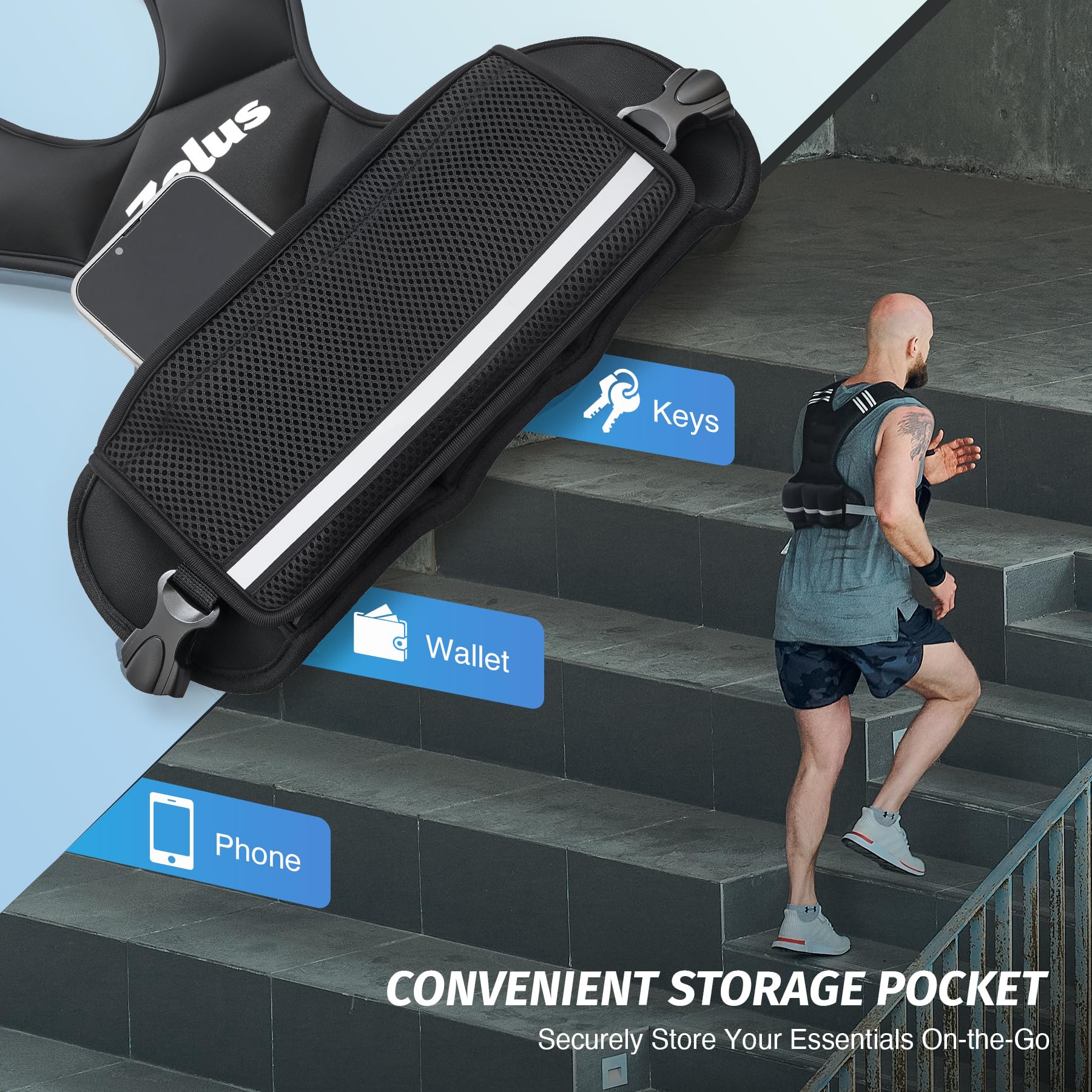 ZELUS back view with reflective strips increasing visibility and safety outdoors