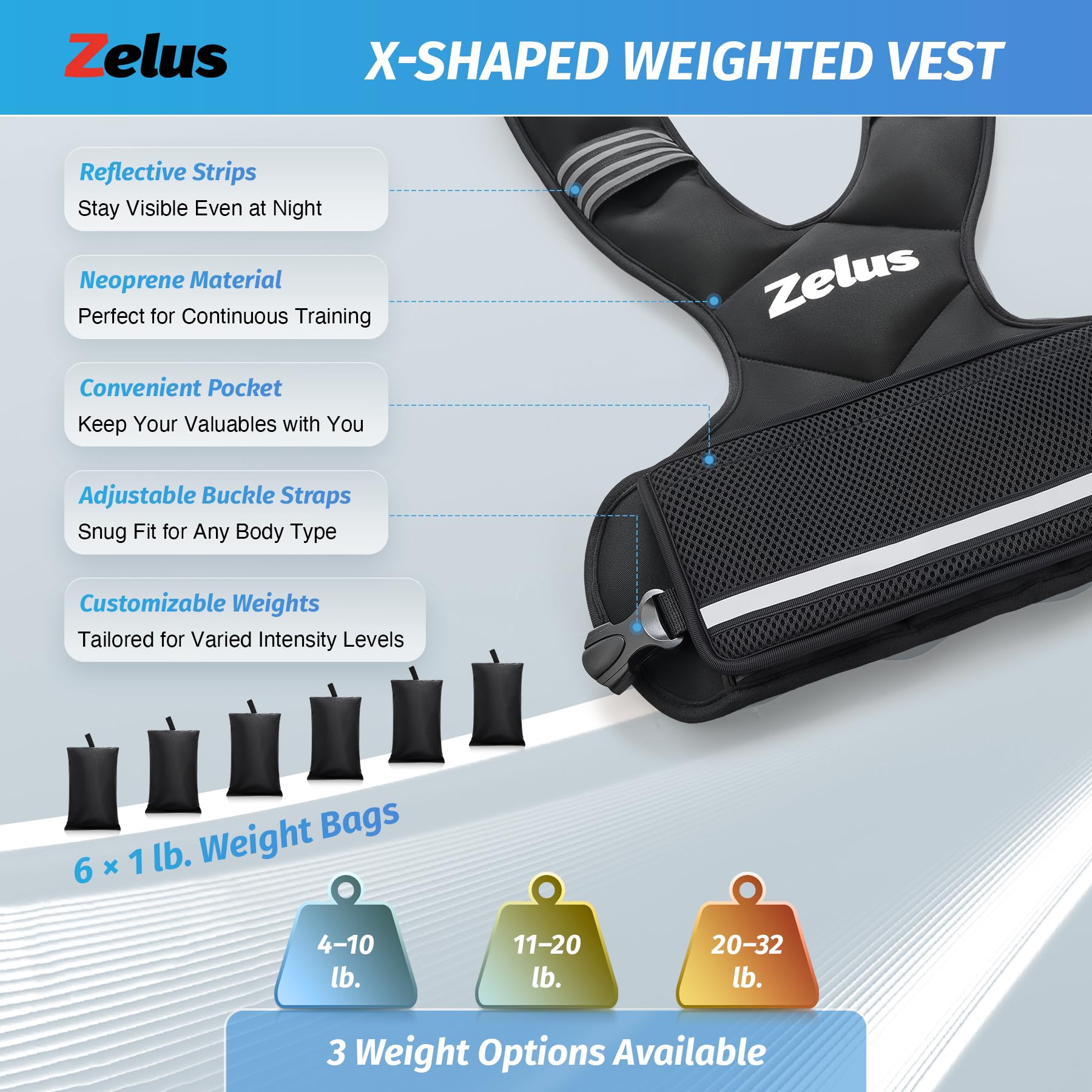 ZELUS weights and pocket open displaying removable sand bags and secure storage