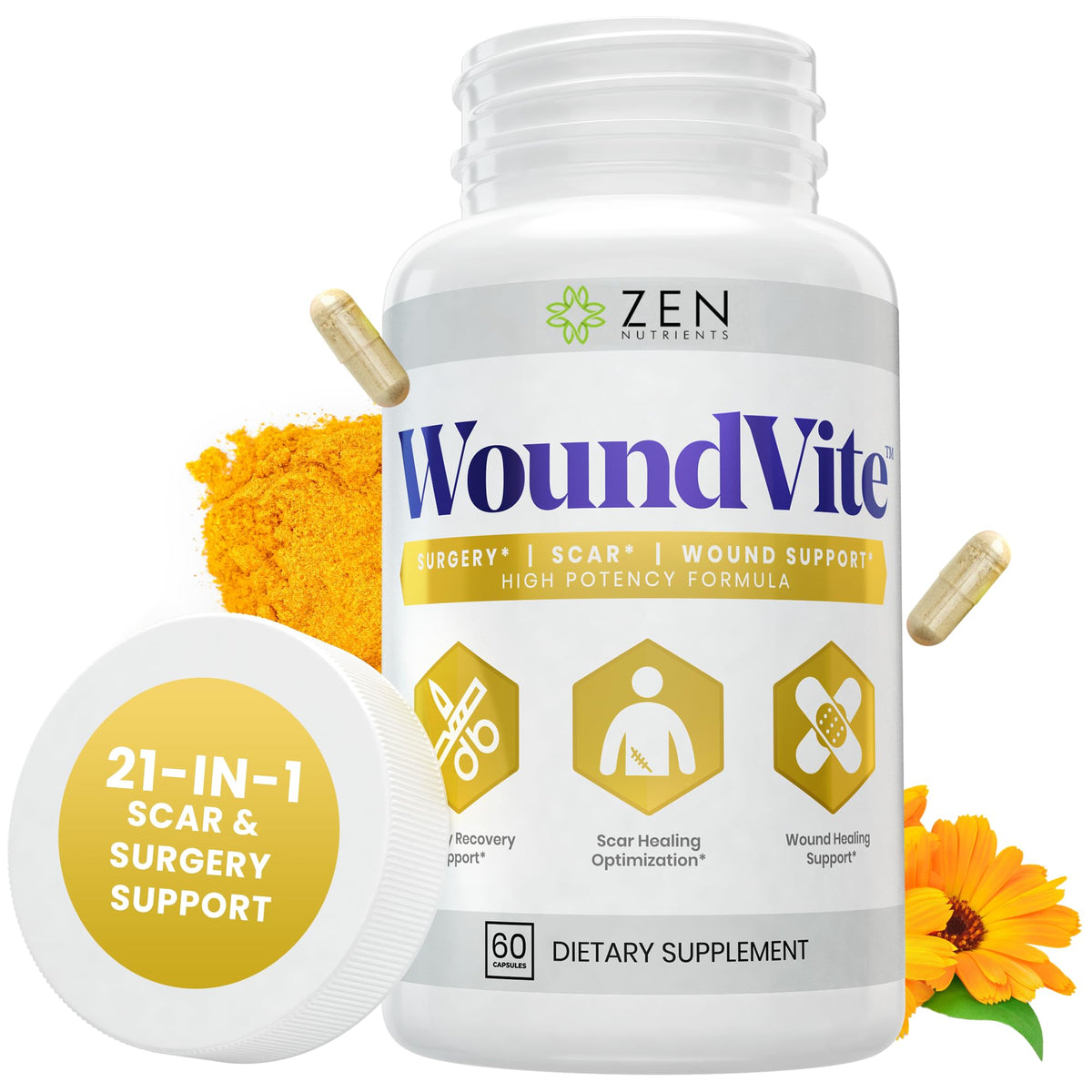 Zen Nutrients WoundVite front bottle view showing label and 60 vegan capsules for recovery support