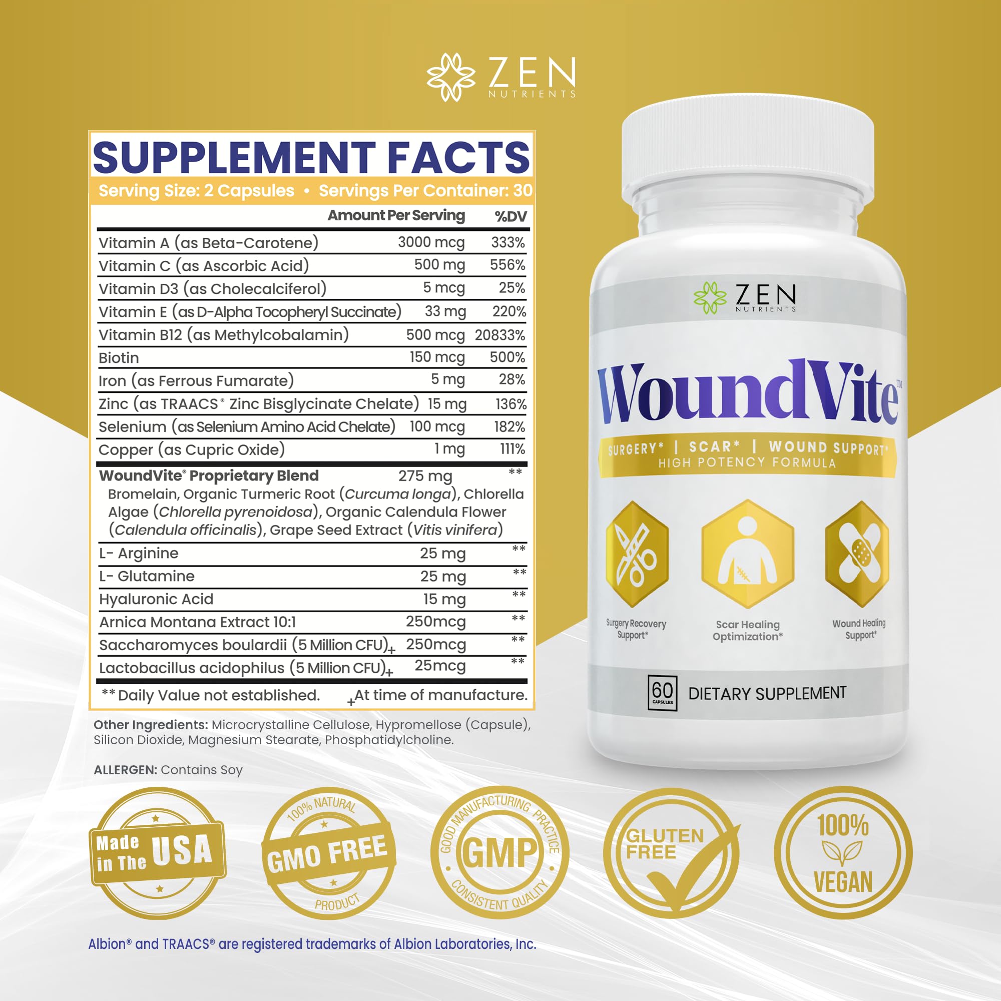 Zen Nutrients WoundVite key ingredients stacked: bromelain, turmeric, arnica for multi-phase healing