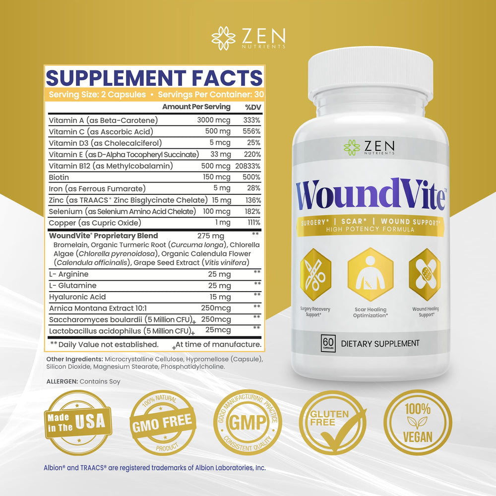 Zen Nutrients WoundVite key ingredients stacked: bromelain, turmeric, arnica for multi-phase healing