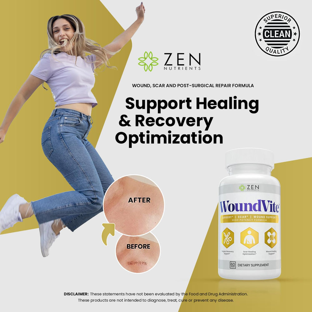 Zen Nutrients WoundVite supplement facts label close-up showing 21-targeted vitamins and minerals