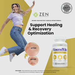 Zen Nutrients WoundVite supplement facts label close-up showing 21-targeted vitamins and minerals