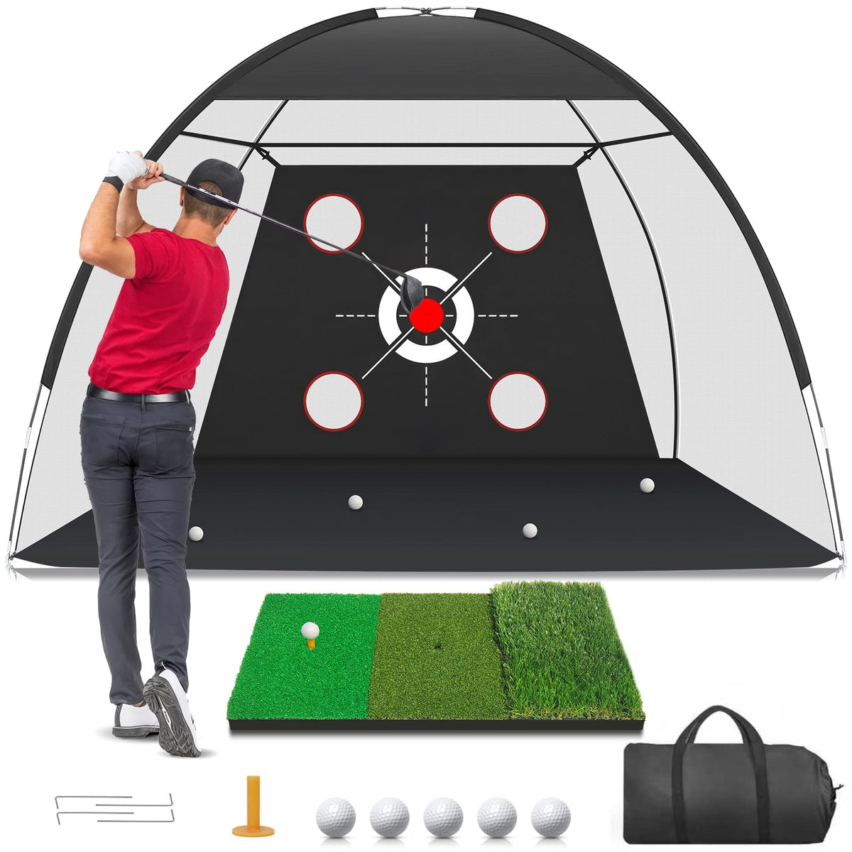 Zensouds front view of 10x7ft golf net showing full target layout and benefit of focused practice