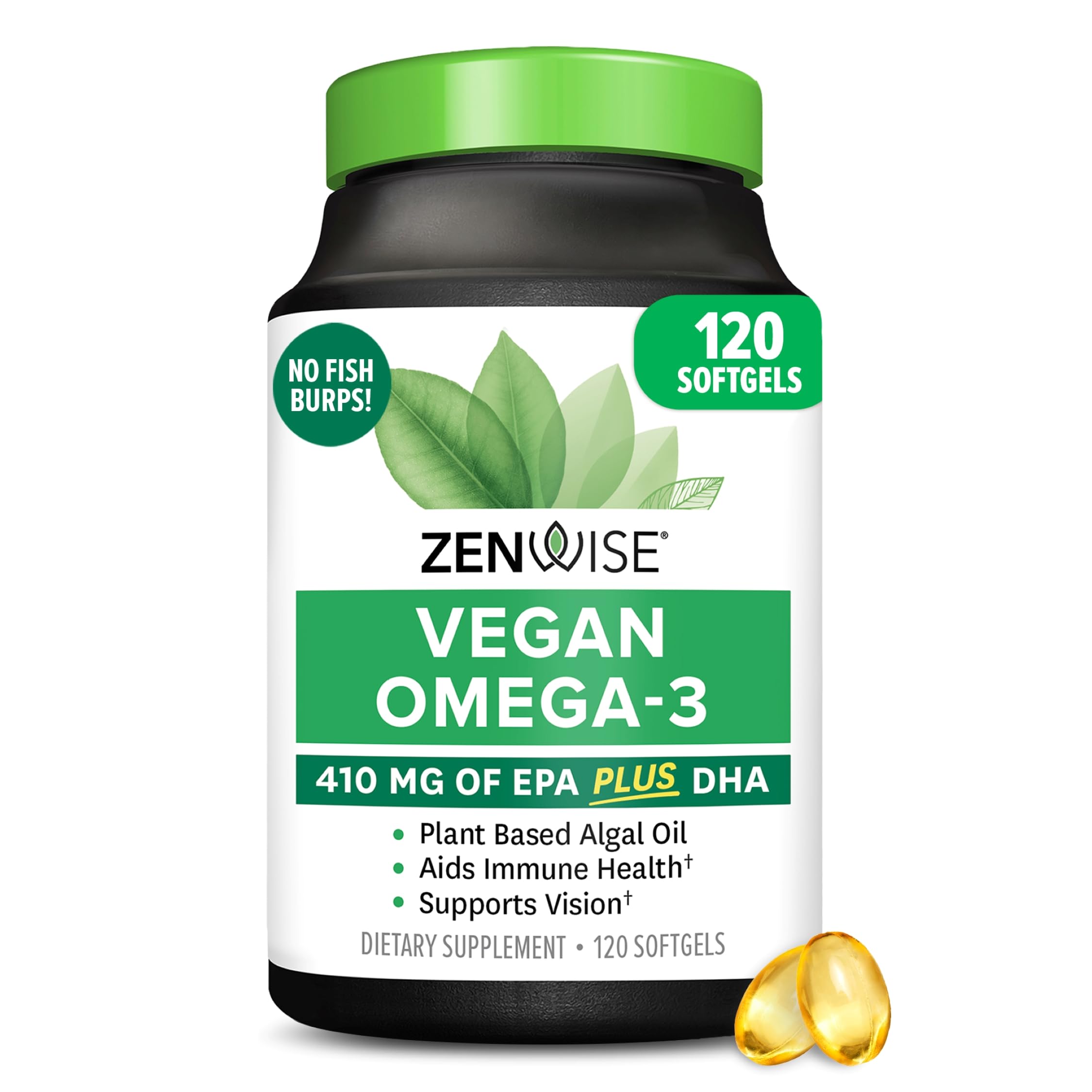 Zenwise Health bottle front packaging showing vegan omega 3 benefits