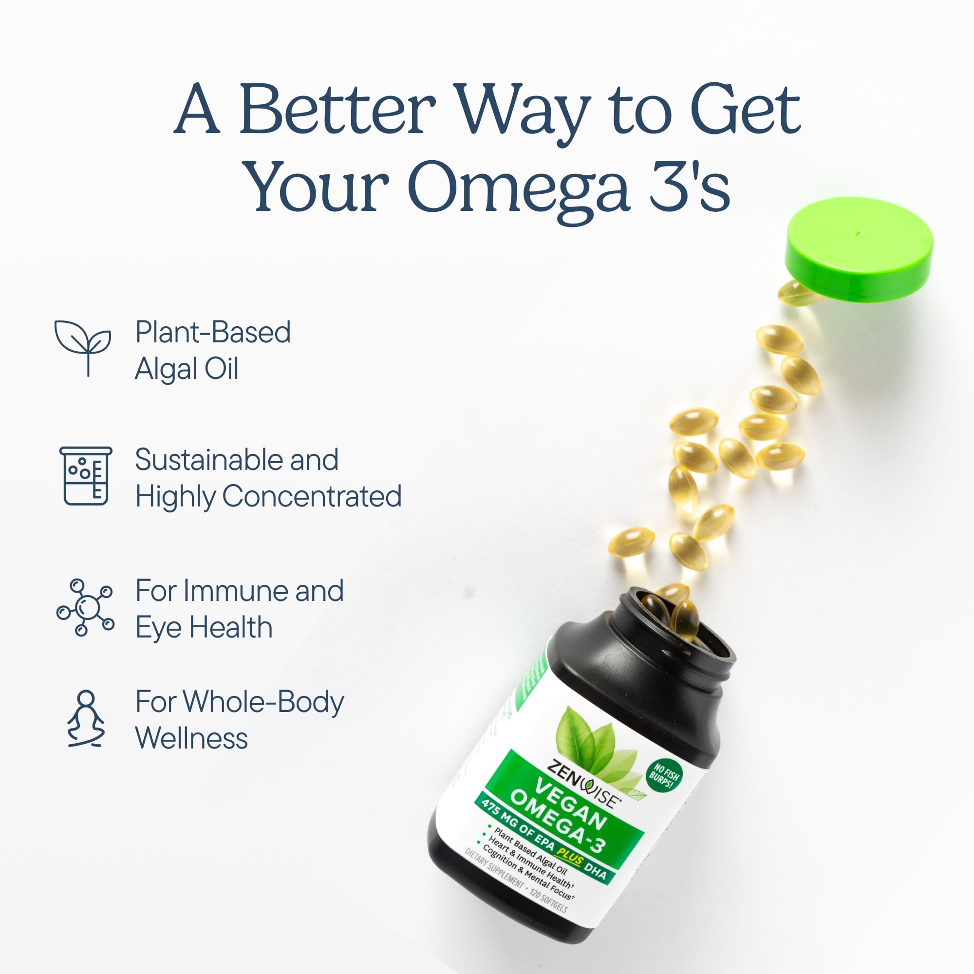 Zenwise Health softgel close-up highlighting smooth algae-oil texture