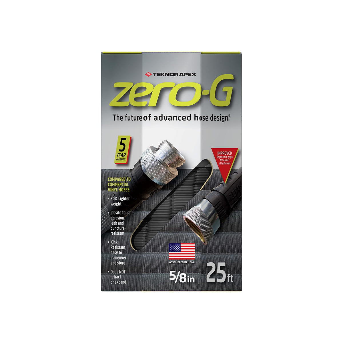 zero-G front packaging showing 25ft hose and easy storage benefit