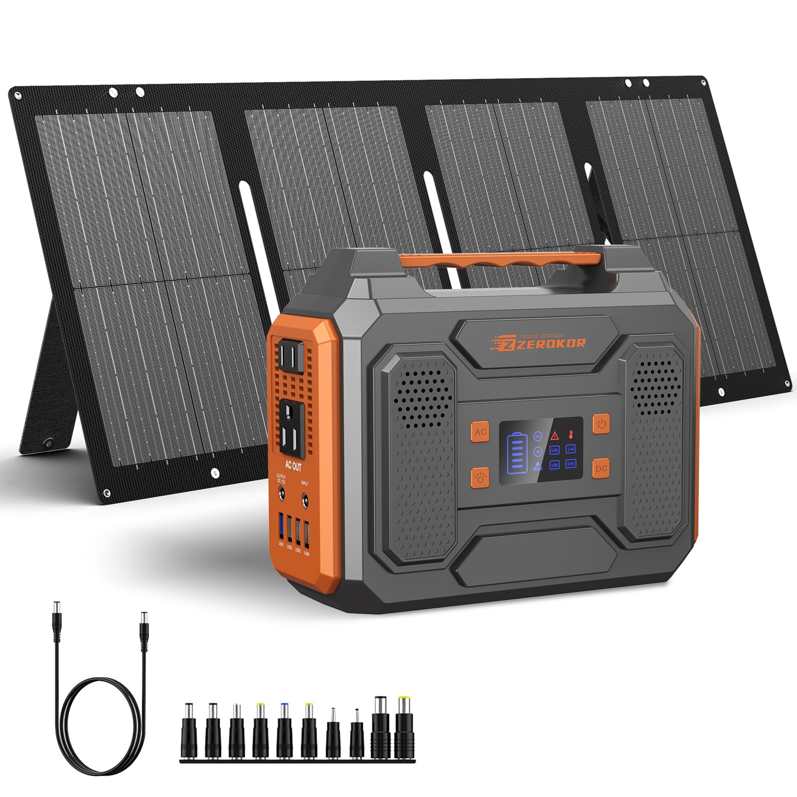 ZeroKor 300W portable generator front view showing controls and portability benefit