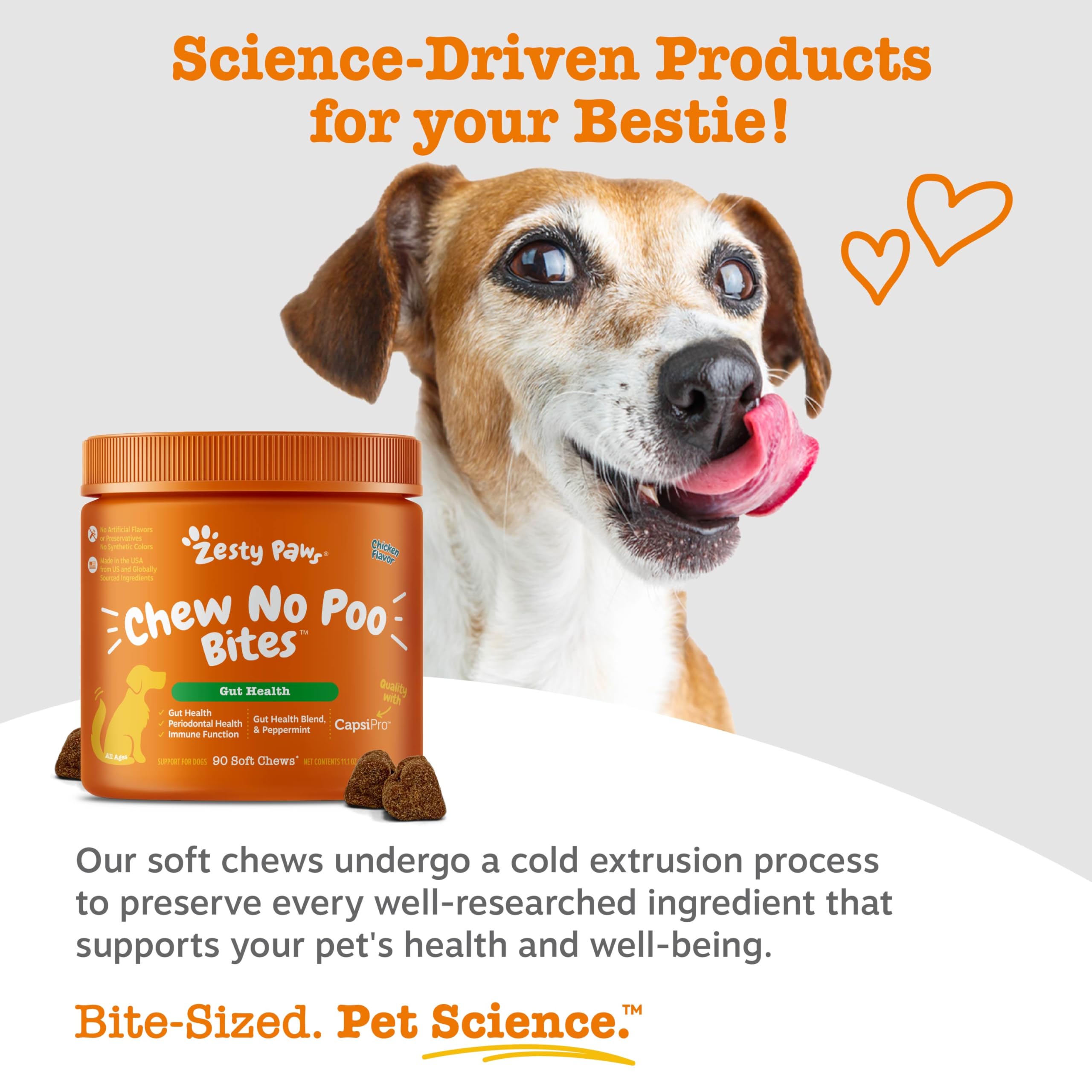 Zesty Paws chew in hand size comparison for portion control benefit