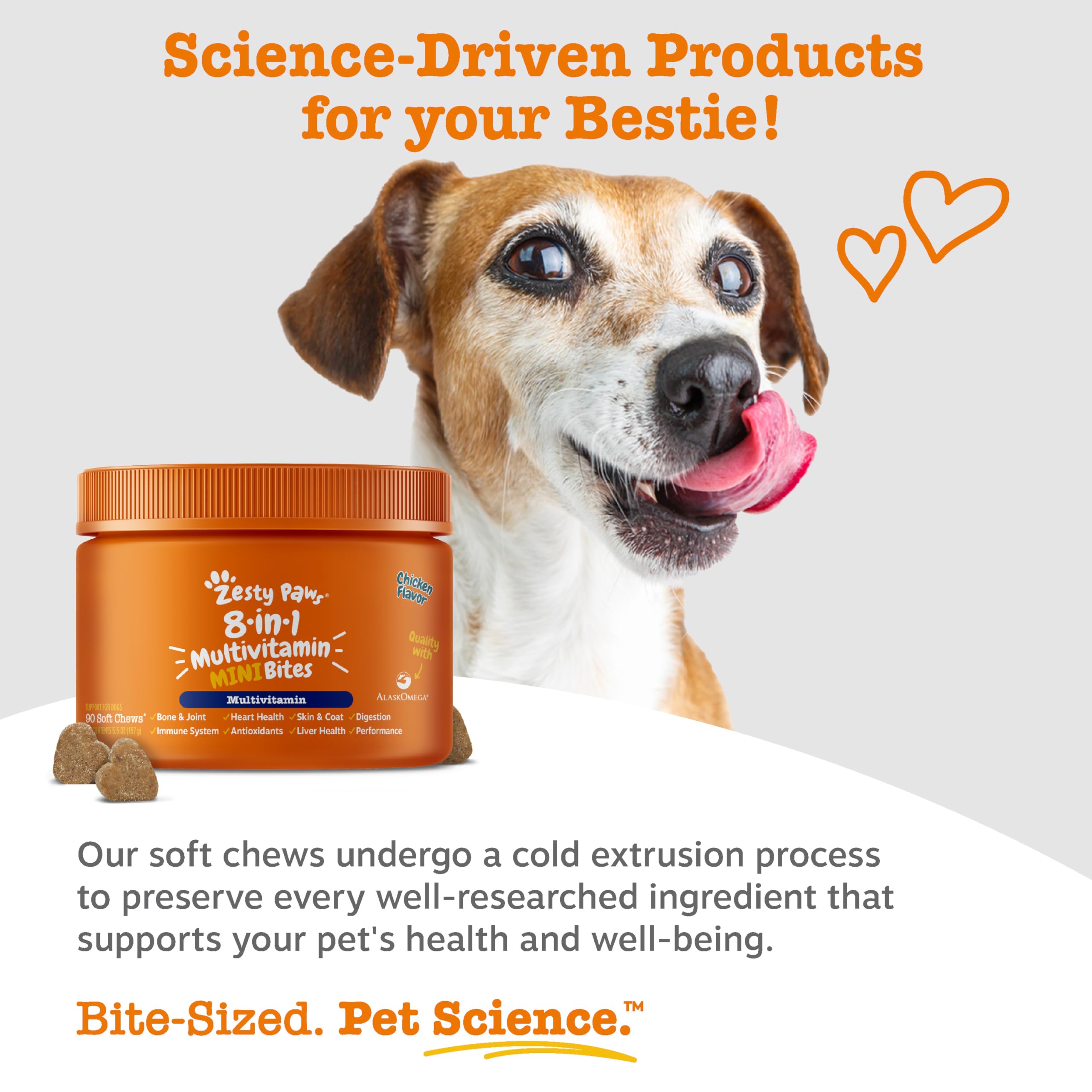 Dog accepting Zesty Paws bite illustrating tasty chicken flavor increases acceptance