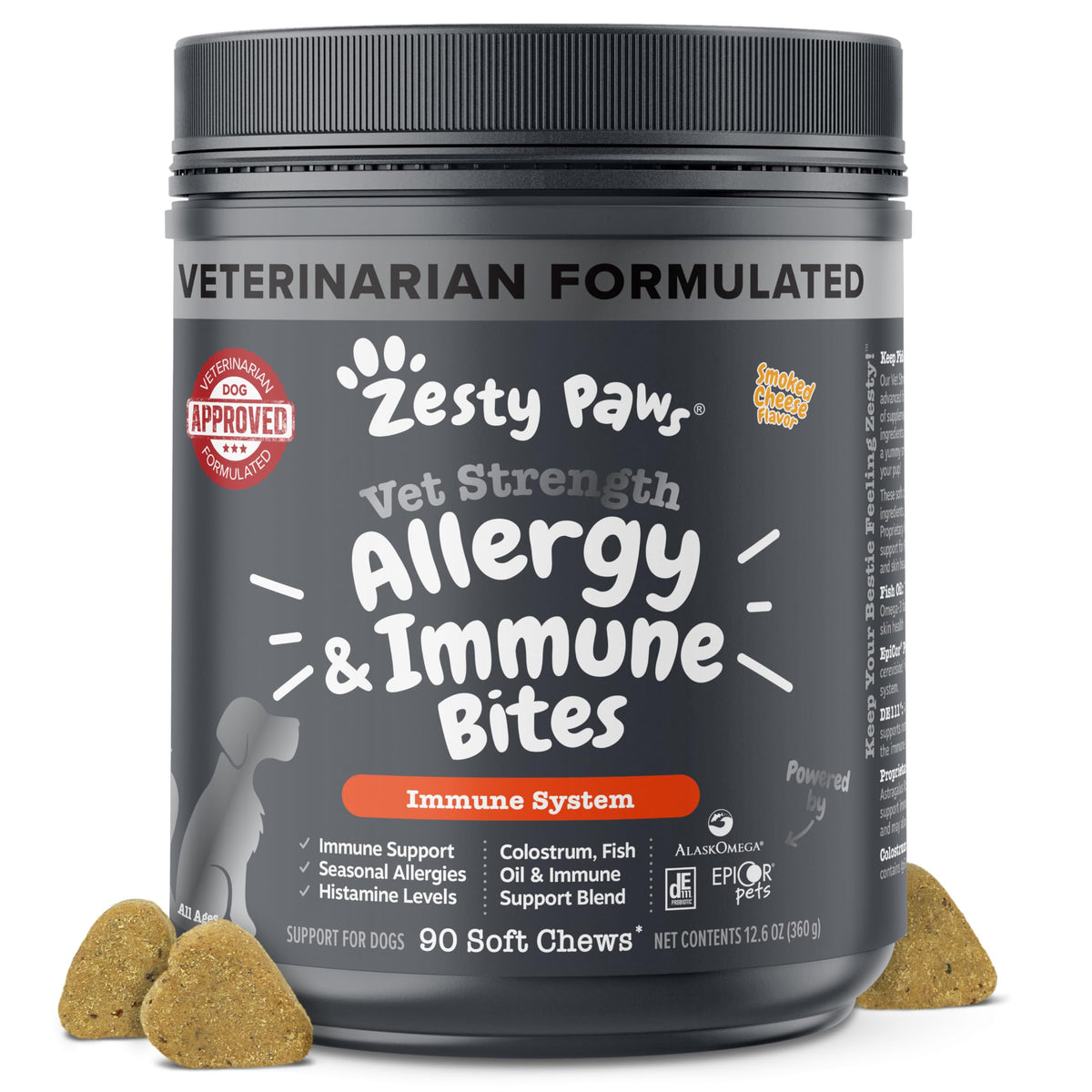 Zesty Paws front packaging showing allergy chews and benefits